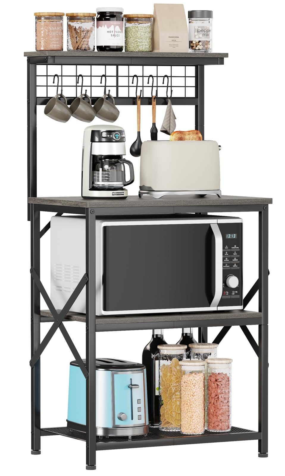 Furologee Kitchen Bakers Rack, Microwave Stand with Storage 4 Tiers, Coffee Bar Station with 6 S Hooks and Pegboard, Kitchen Shelves Rack for Spices, Pots, Black Oak