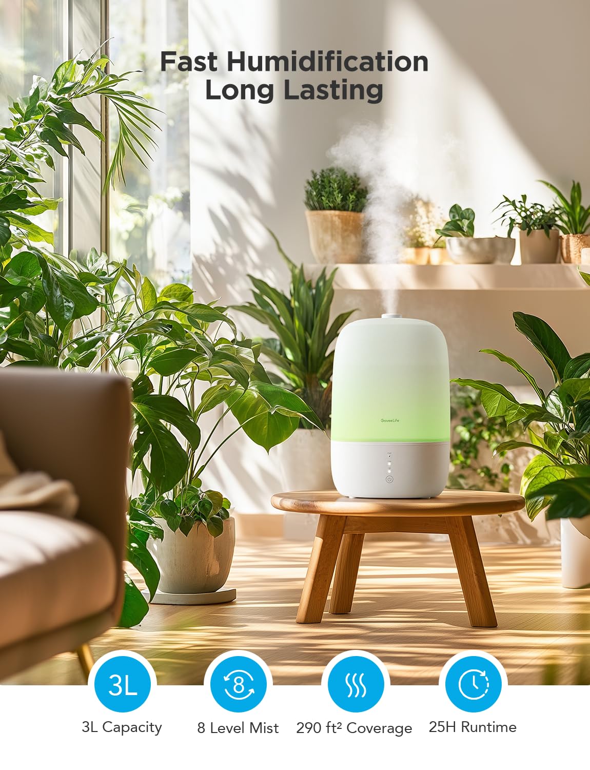 GoveeLife Smart Humidifiers for Bedroom, 3L Top Fill Cool Mist Humidifiers with Essential Oil Diffuser, Humidity Control, WiFi Air Humidifier with Night Light, for Baby, Plants, Home, Work with Alexa