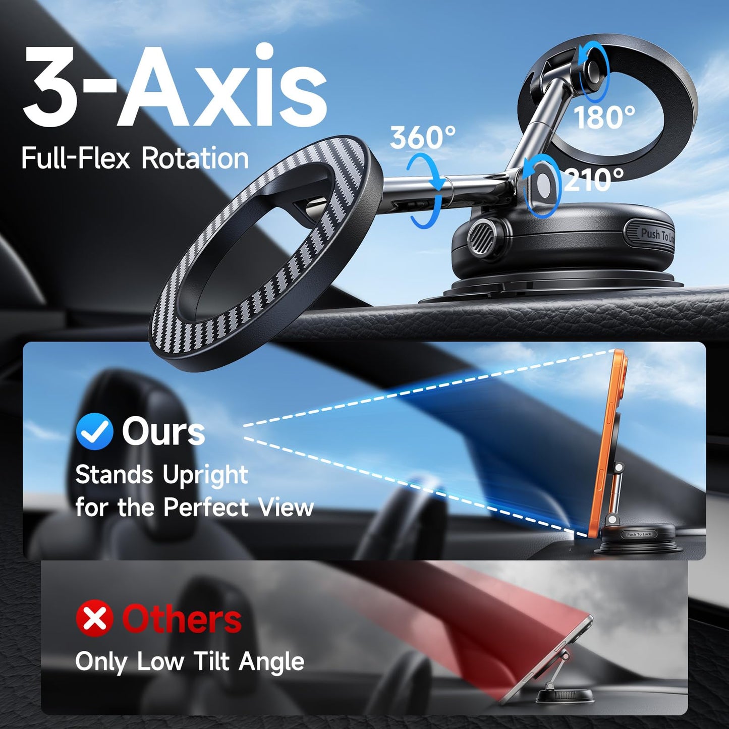 Moeila NeverFall Car Phone Mount for MagSafe, 89lbs Vacuum Suction, Strong Magnetic Dashboard & Windshield Mount, 360° Adjustable Phone Holder for iPhone & All Phones, Carbon Fiber