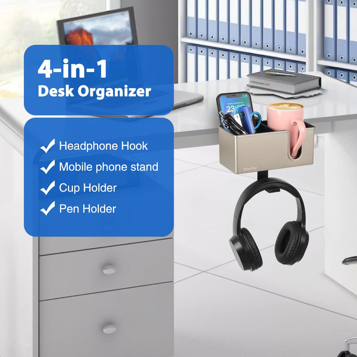 Rosyline 3-in-1 Desk Cup Holder & Clip-on Cup Holder, Clip on Desk Organizer – with Anti-Spill Function, Keeps Your Coffee, Headset, Phone & Pens Within Easy Reach, for Office Desk (Champagne)