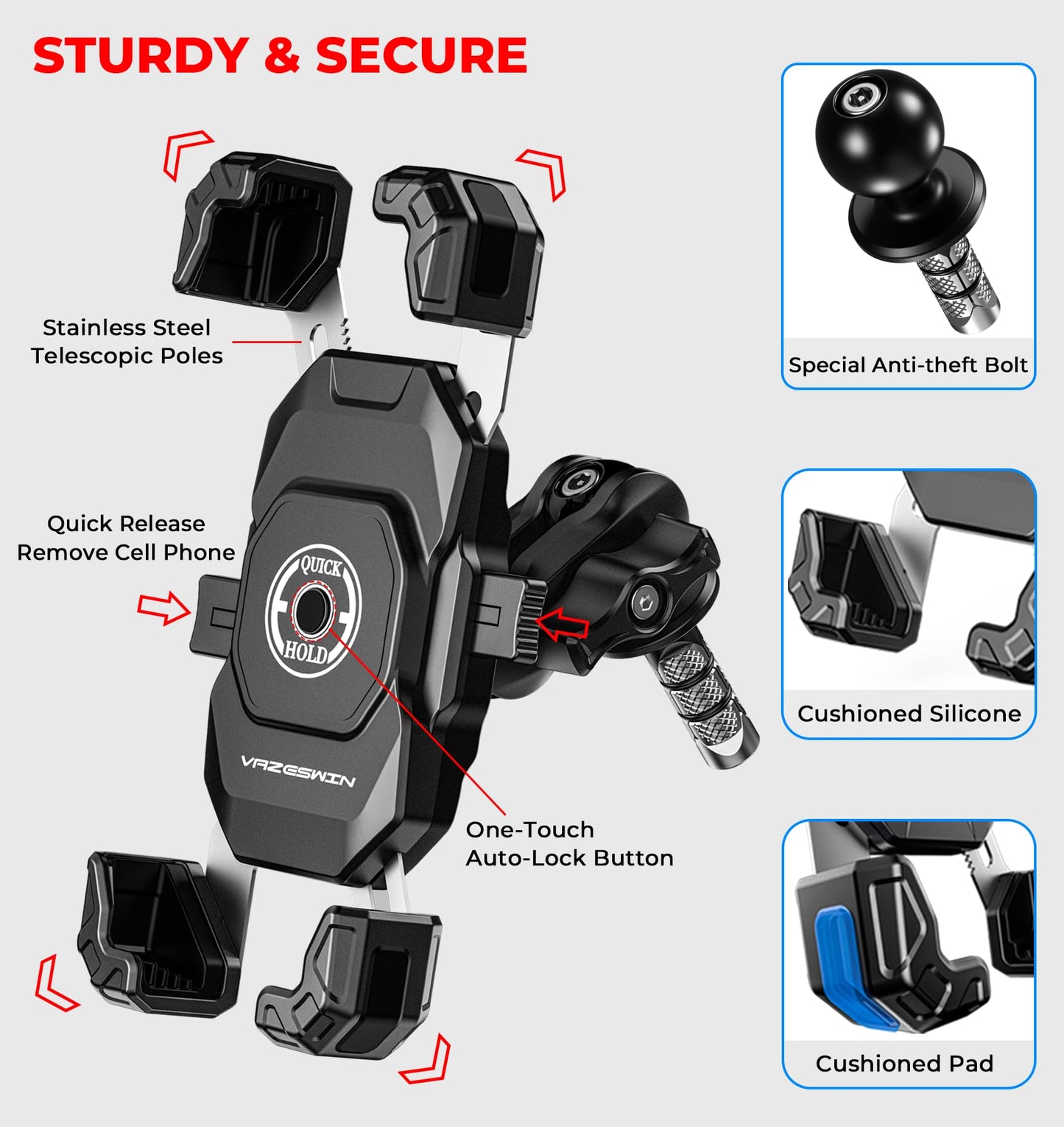 VAZESWIN Motorcycle Fork Stem Phone Mount, 1s Auto Lock & Release, Anti-Theft Motorcycle Phone Holder with Aluminum Alloy 1" Ball Short Arm, for 12-25.4mm Diameter Fork Stems, for 5.4"-7" Cellphones