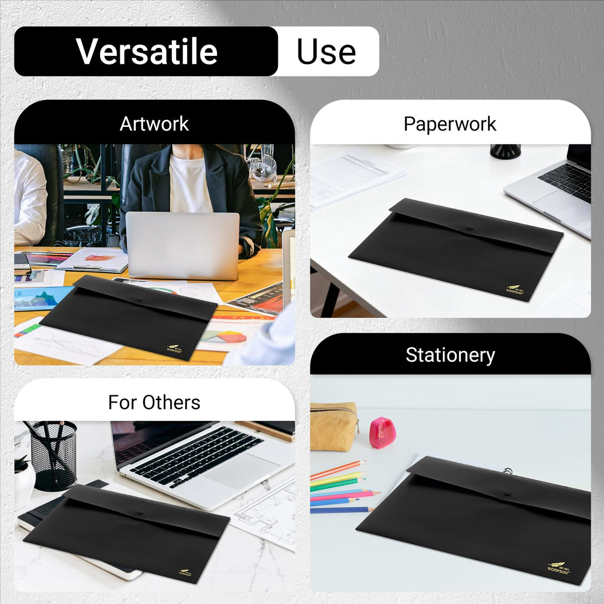 WORPSON Plastic Envelopes Folders 12mil Heavy Duty, for A4 Letter Size Paper, with Snap Closure Pack, Paperwork Plastic Wallets Document Organizer (25 Pack - Black, Horizontal)