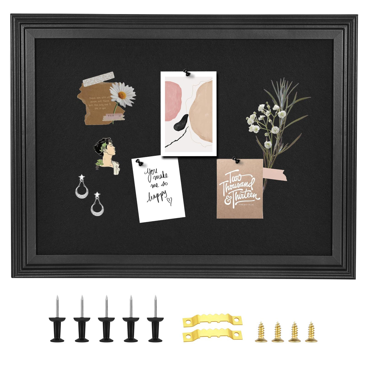 YCCYYCCY Bulletin Board with Felt, Black Wood Framed Display Bulletin Board for Walls with Pins, Eye Bolts, gaskets, Screws, Pin Board for Office, School and Home(MZB-BK,3343,1P)