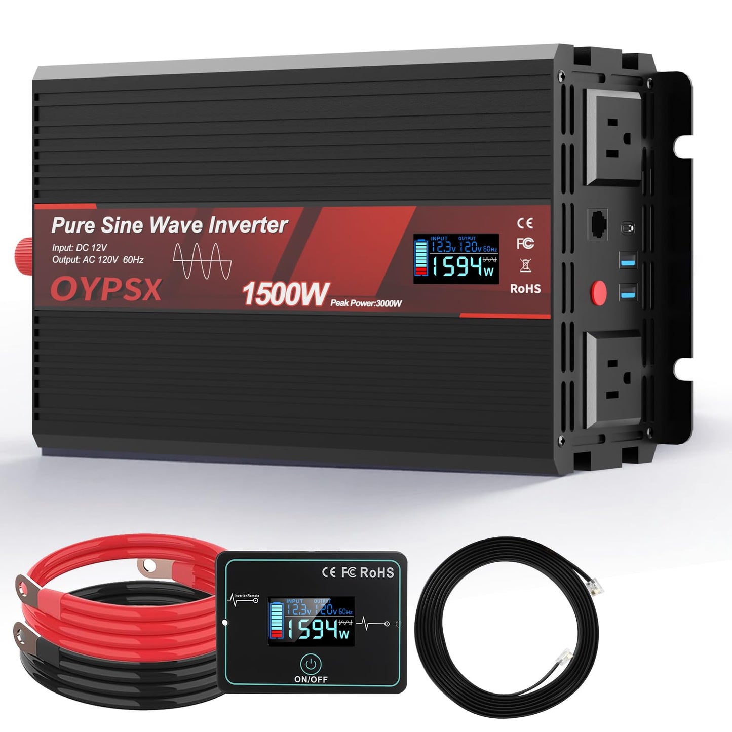 OYPSX 1500W Power Inverter 12V to 110V 120V AC Pure Sine Wave Inverter for RV Truck Camping,Outdoor Off-Grid Power Converter with LCD Display,Wired Controller,AC Outlets USB Ports (12V-1500Watt)