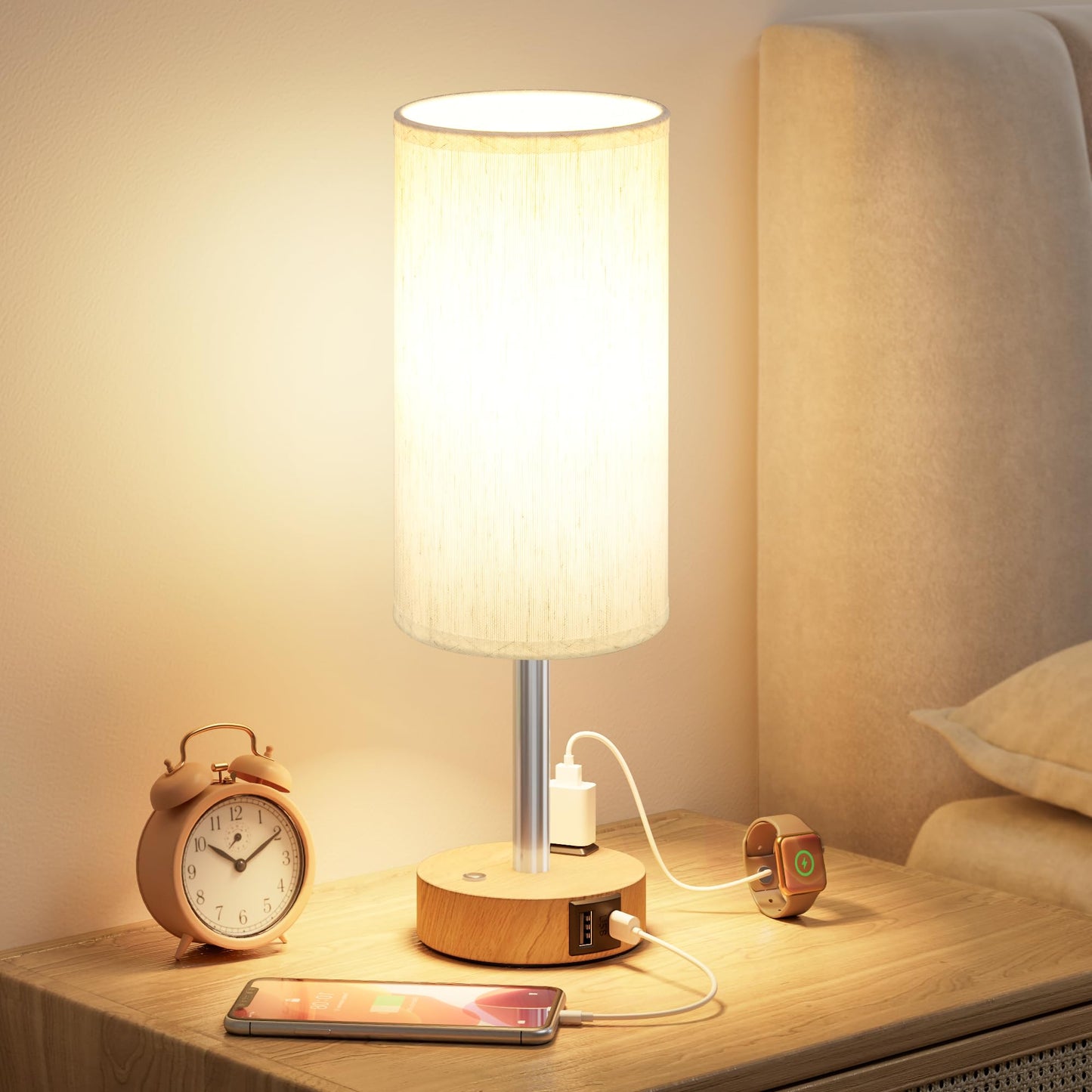 Touch Bedside Table Lamp with Memory - Stepless Dimmable Lamp for Bedroom, Small Nightstand Lamp with Dual USB Charging Ports and AC Outlet, Wood Night Light, Deak Lamp for Nursery, Living Room, Dorm
