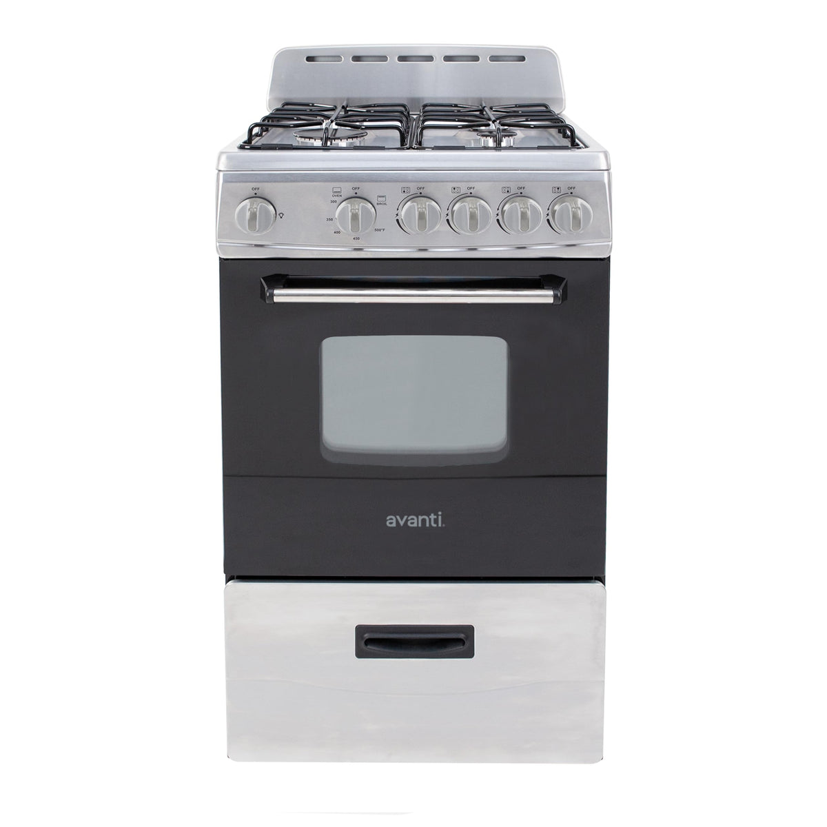 Avanti Gas Range Oven, Compact Freestanding Design, 4 Sealed Burners with Electronic Ignition, 2.1 Cu.Ft. Capacity Features Storage Drawer Broiler and Accessories, 20-Inch, Black