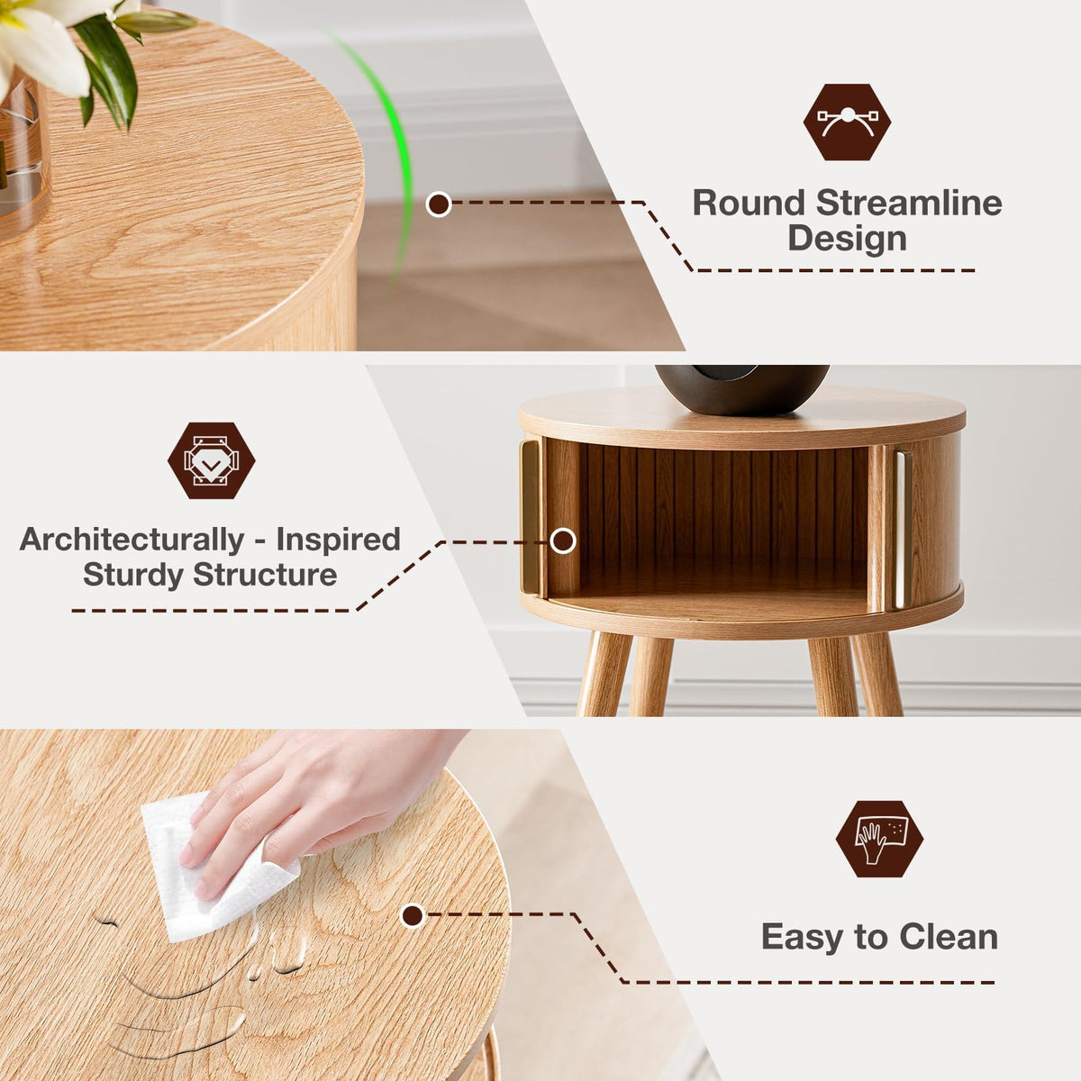 ZttRiee Side Table with Sliding Door & Cabinet, End Table for Living Room, Night Stand for Bedroom, Modern Bedside Table with Solid Wood Legs, Natural