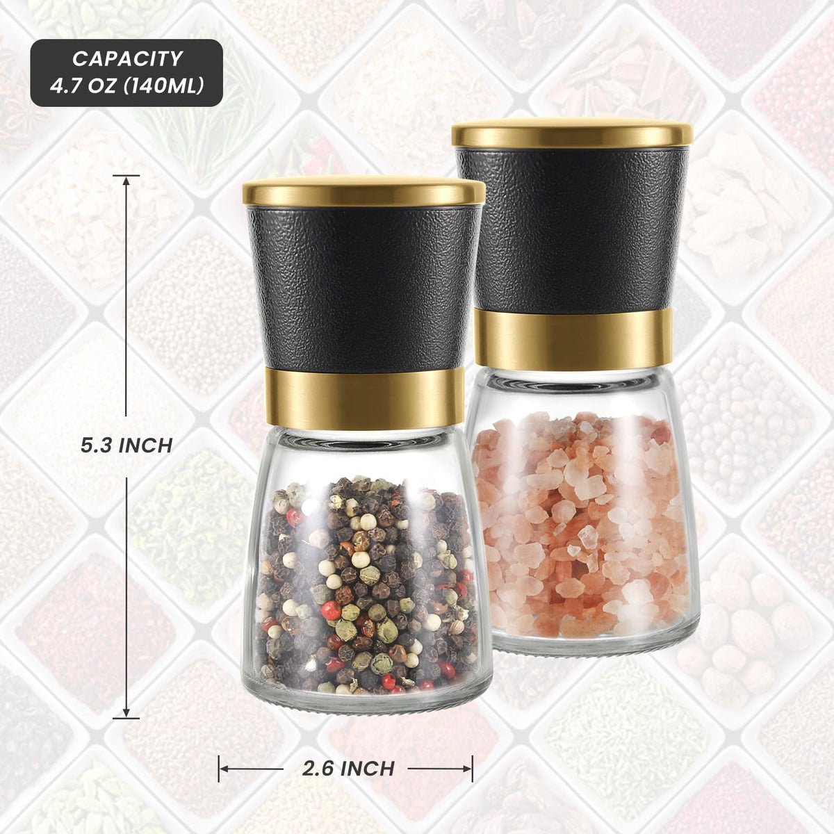 VEVOK CHEF Gold Salt and Pepper Grinder Set Stainless steel Salt and Pepper Mill Set Ceramic Adjustable Coarseness Spice Grinder Refillable Sea Salt Shaker Home Kitchen Decor