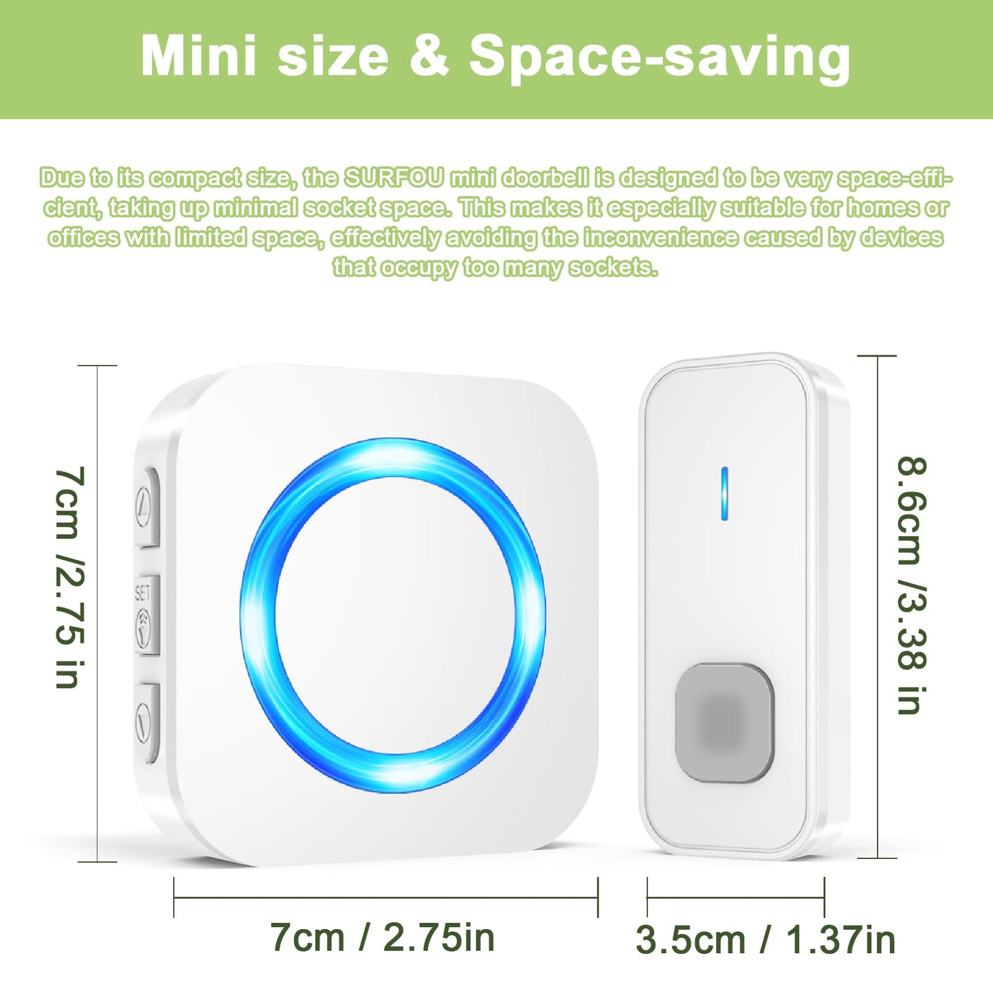 SURFOU Doorbell Waterproof Wireless Doorbell Easy Install at 1,300ft Long Range Loud Enough with 55 Chimes 5 Volume Levels LED Flash Door Bell for Home Classroom Apartment,2 Push Buttons 3 Receivers