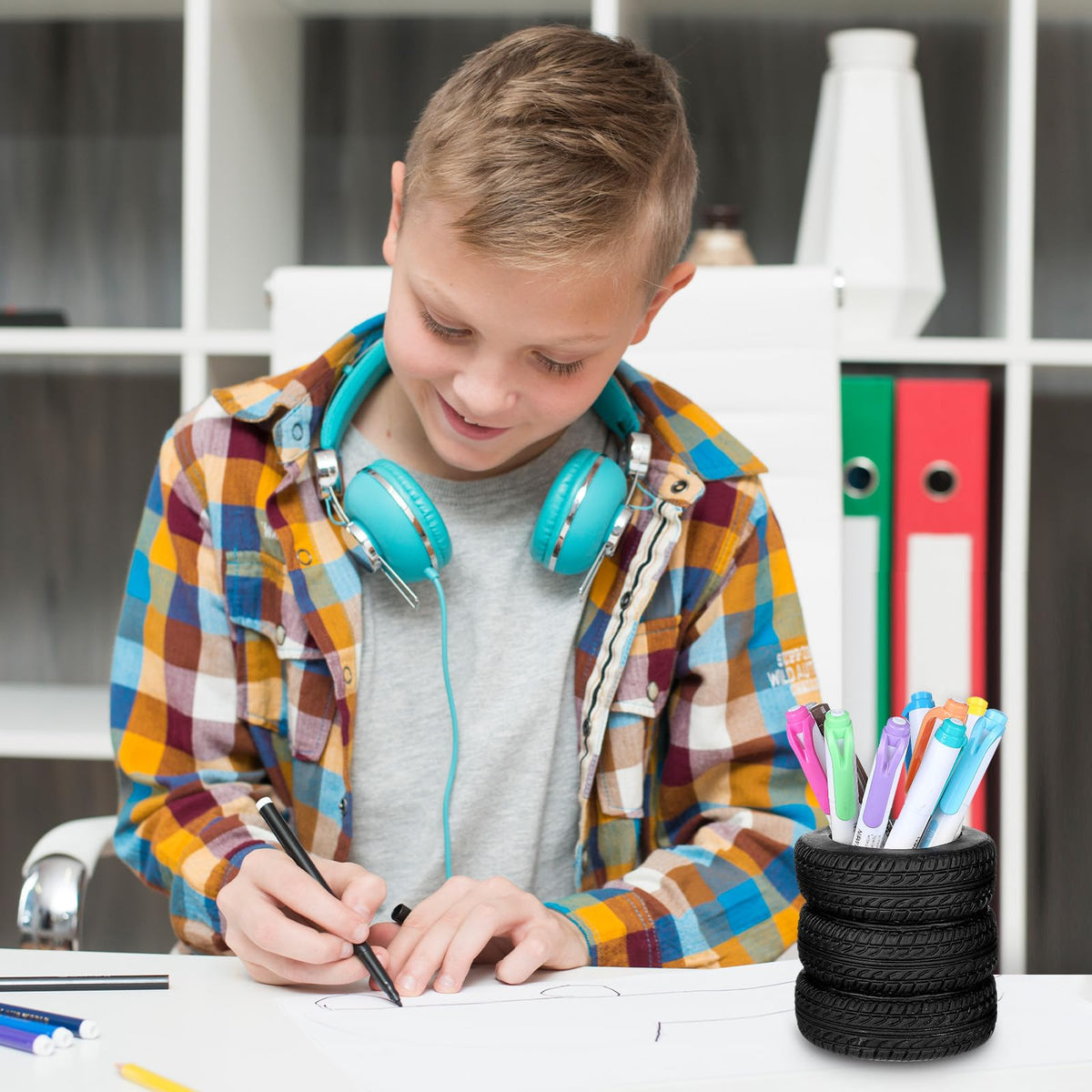 4 PCS Tire Shape Pencil Holder, Car Tire Pencil Holder, Black Pen Holder, Suitable for Classroom, School, Office, Study Room (Black)