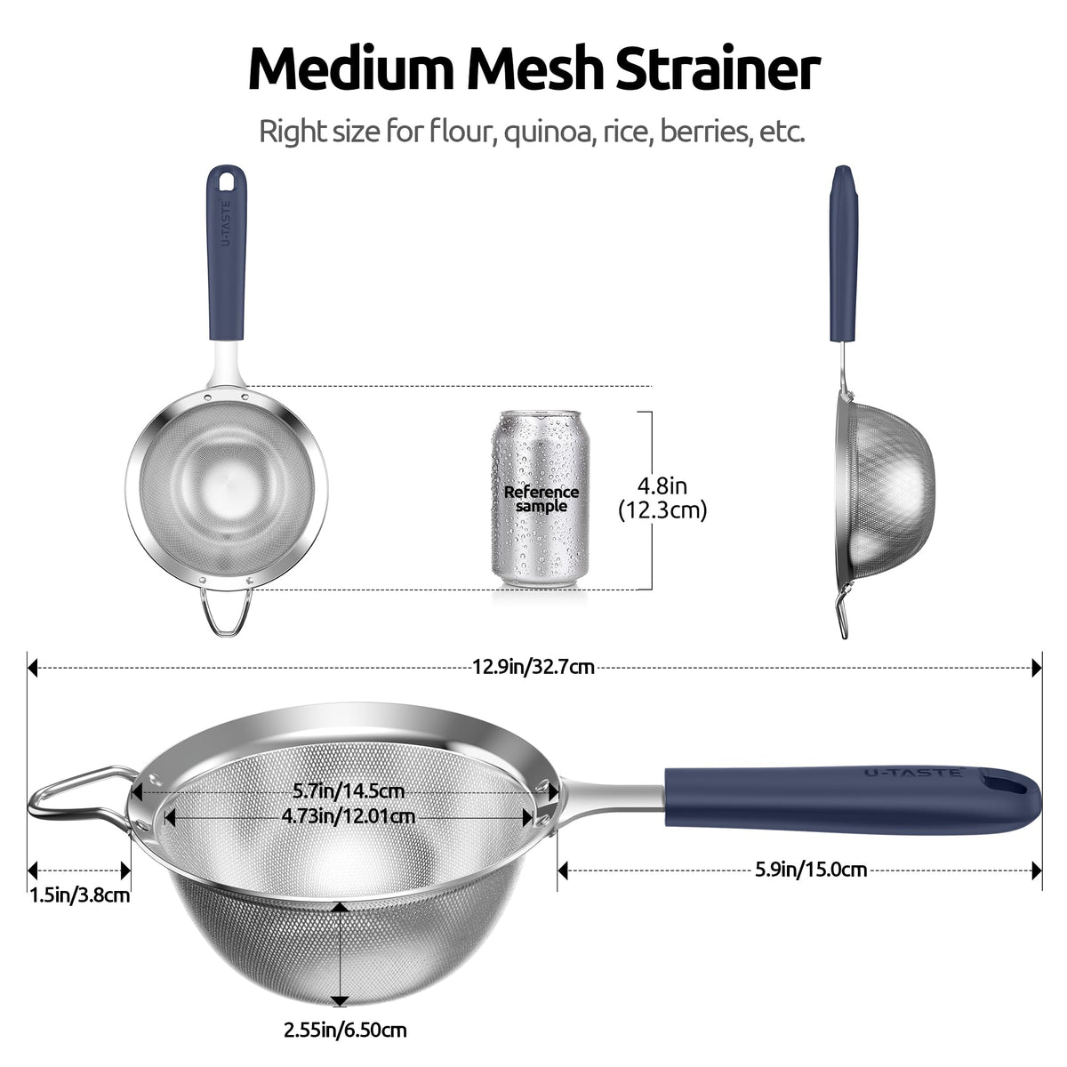 U-Taste Medium Fine Mesh Strainer: 18/8 Stainless Steel 4.73in 30 Mesh Kitchen Food Sieve with Sturdy Riveted Silicone Handle, Heavy Duty Deep Handheld Metal Colander for Rice, Quinoa(Midnight Blue)