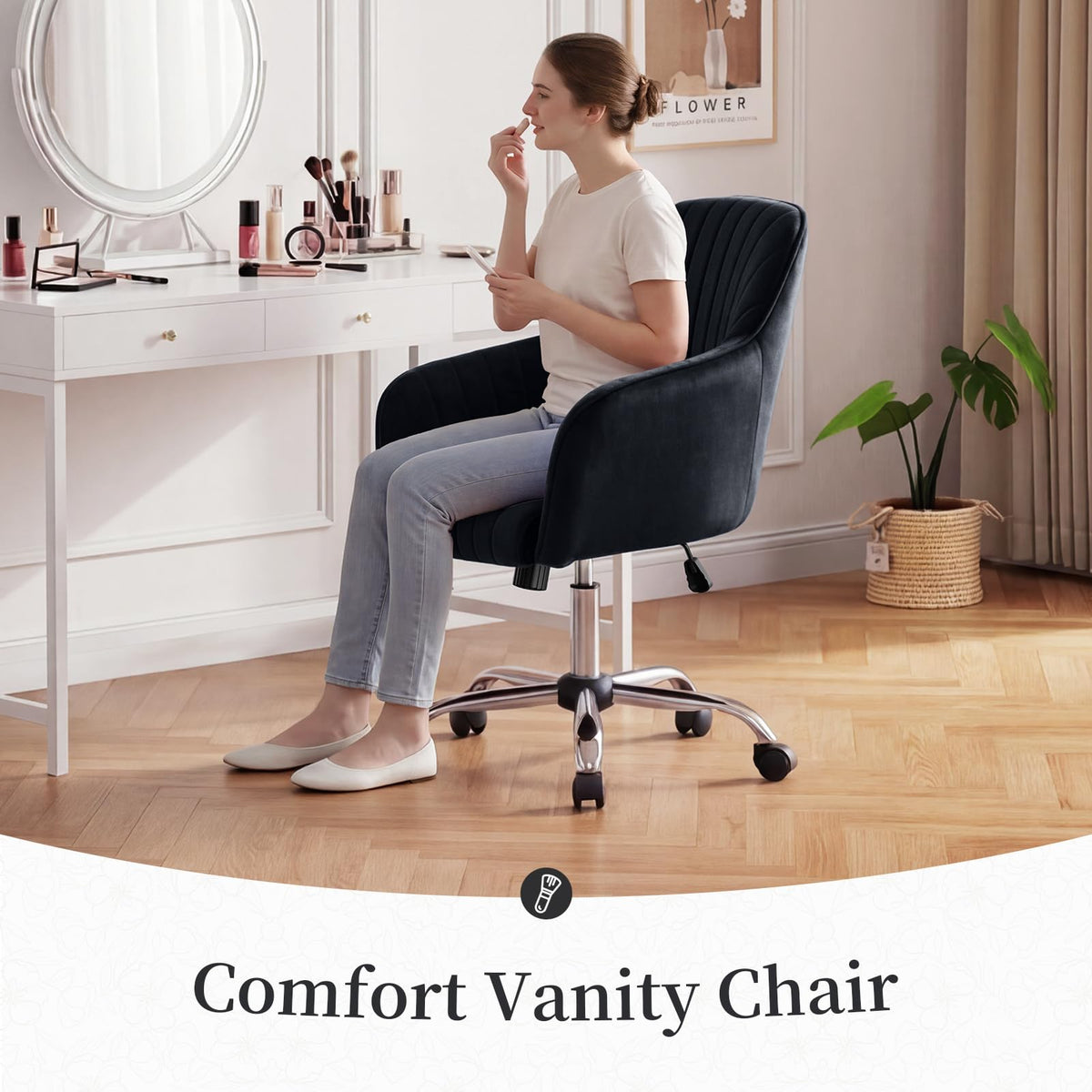 Warmiehomy Velvet Desk Chair for Home Office, Modern Adjustable Swivel Task Chair, Women Vanity Chairs with Arm Rest for Bedroom Dressing Room, Classic Black