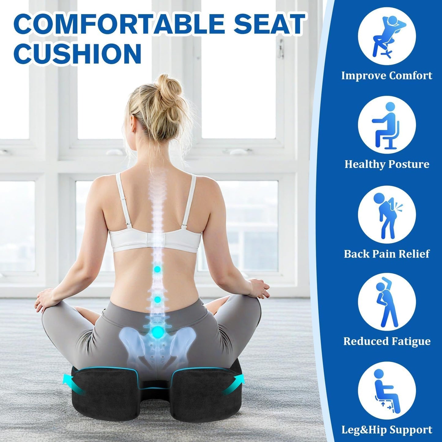 CushyOasis Seat Cushion, Gel Chair Cushions, Office Chair Cushions, Anti-Slip Bottom & Removable Cover Tailbone Pain Relief Cushion, Memory Foam Seat Cushion, 5.28 in Thick (Black)