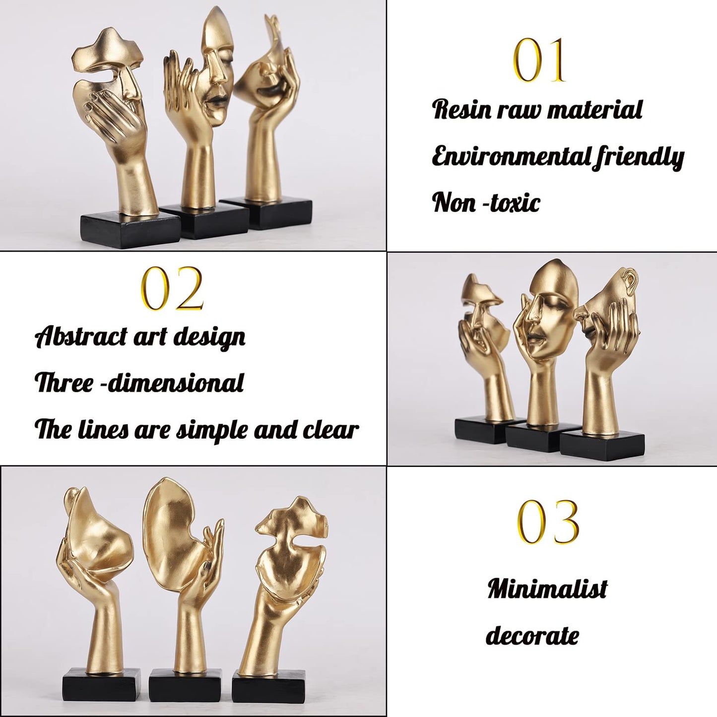 oliruim 3 Pcs Thinker Small Statue Set - Black Gold Home Decor Abstract Art Figurines for Shelves, Living Room Coffee Table, Office Desktop (3 Pcs Gold, 6")