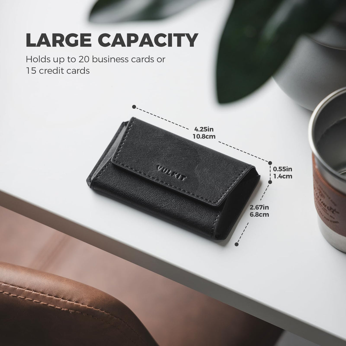VULKIT Leather Business Card Holder Case for Men Slim Pocket Business Card Wallet Name Card Case Holder, Holds 20 Business Cards Black