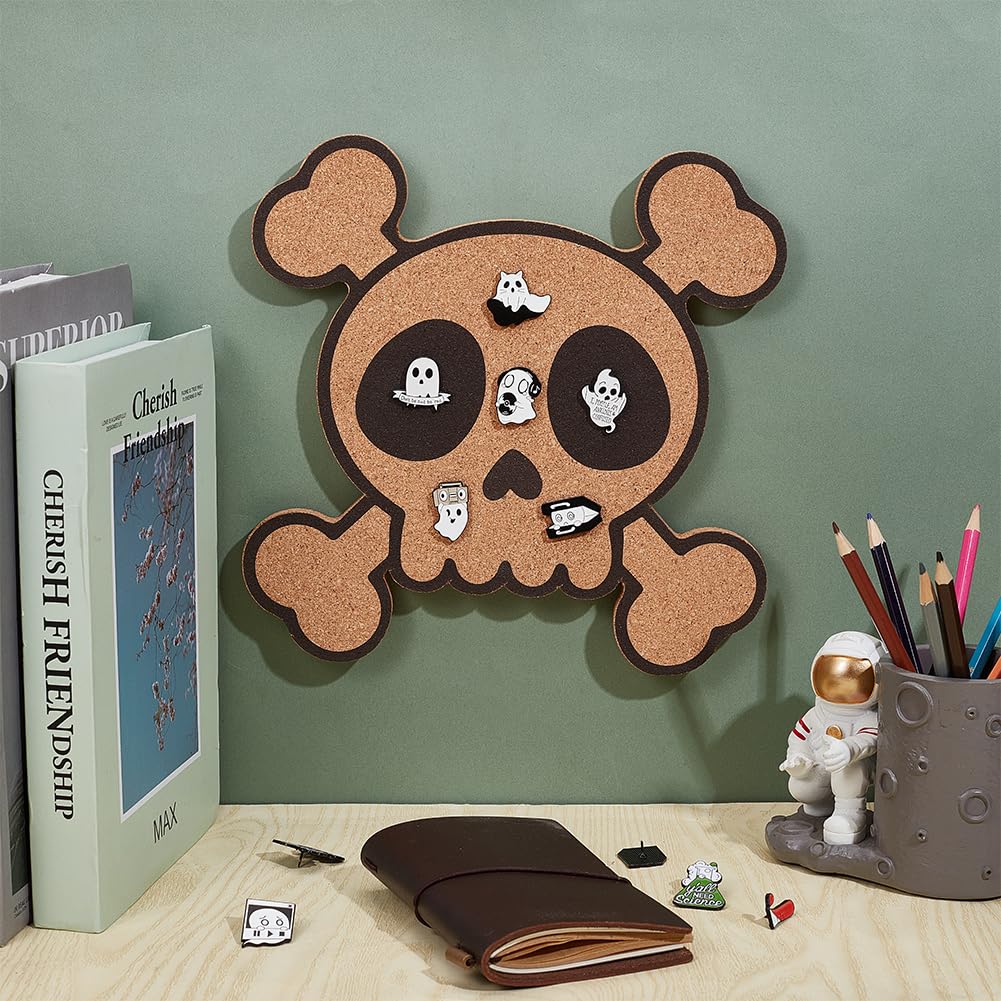 BENECREAT Skull Pin Board Skeleton Cork Board, Bulletin Display Board Wall Mounted Cork Board for Brooch Pin Storage, Office Home Festival Decor, 9.8x0.45inch