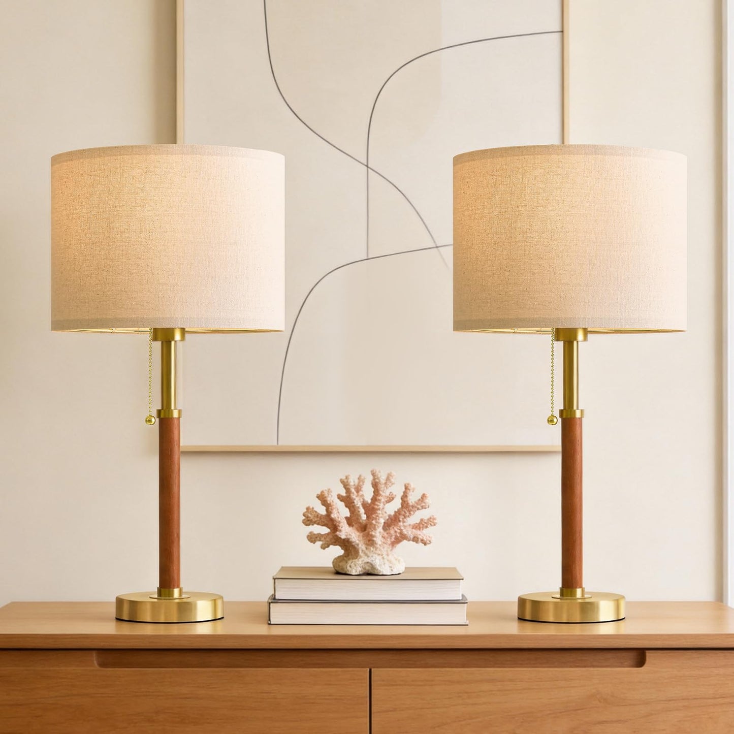G-SAFAVA 22" Wood Table Lamps Mid Century Modern Lamp for Bedroom Living Room Bedside Lamps for Night Stands Nightstand Lamp with Pull Chain Gold Small Side End Table Lamps Set of 2 Vintage Deco Gifts