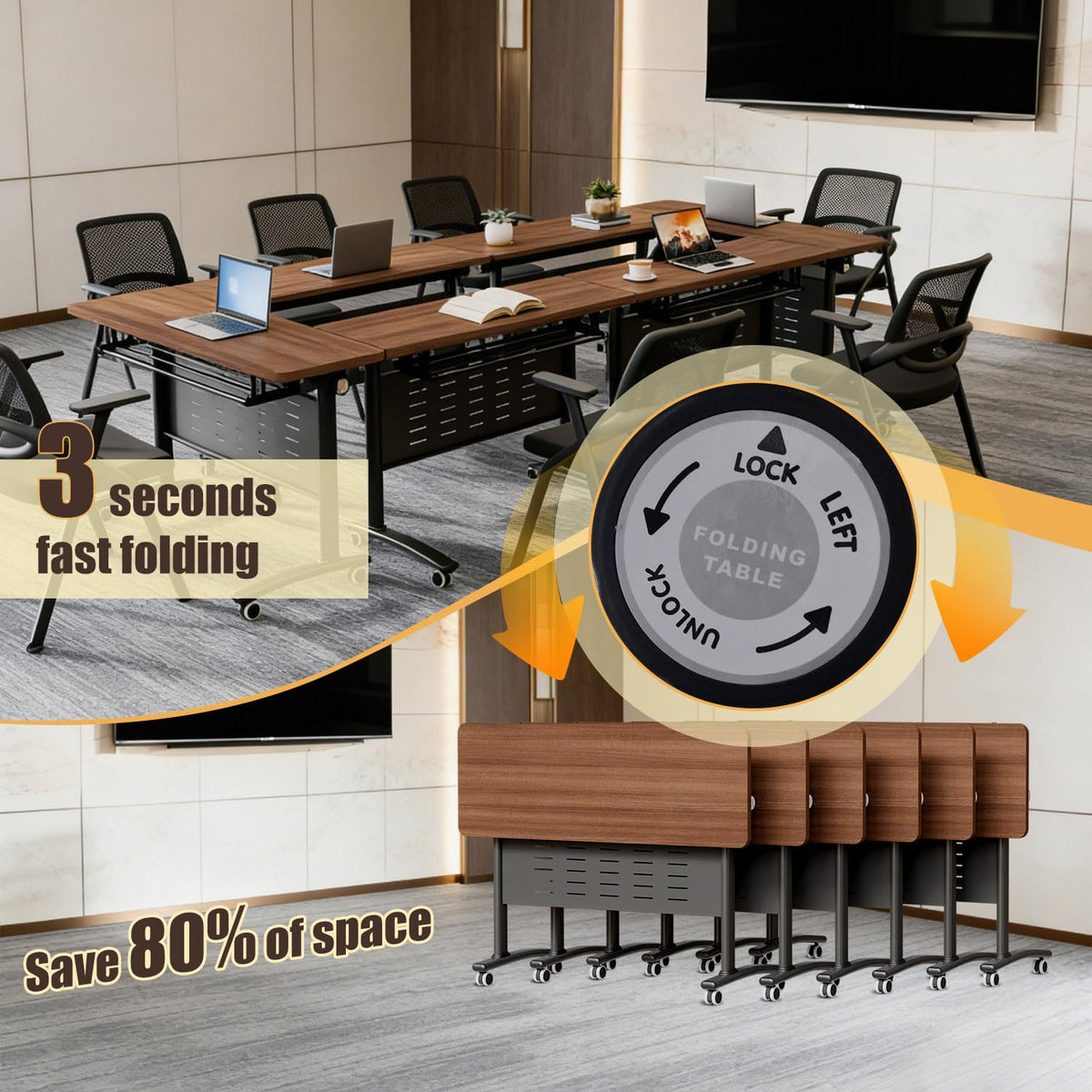 Folding Conference Room Table, Modern Conference Tables with Wheels for Office Classroom,Flip-Top Training Table Water-Resistant P2 Particle Board & Anti-Corrosion Alloy Frame (2, Walnut-Small, 47.2)