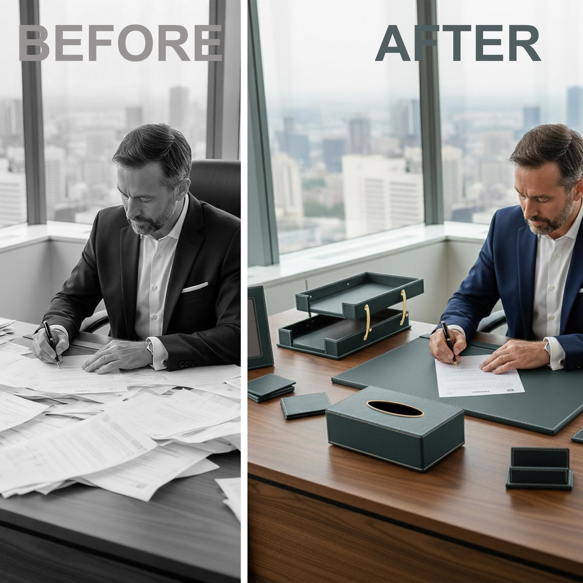 RitPin Leather Desk Set, 15-Piece Leather Desk Organizer, Executive Desk Organizer with Desk Pad & Blotter, 2-Tier Tray, Pen Holder, Office Accessories, Executive Desk Accessories(Green)
