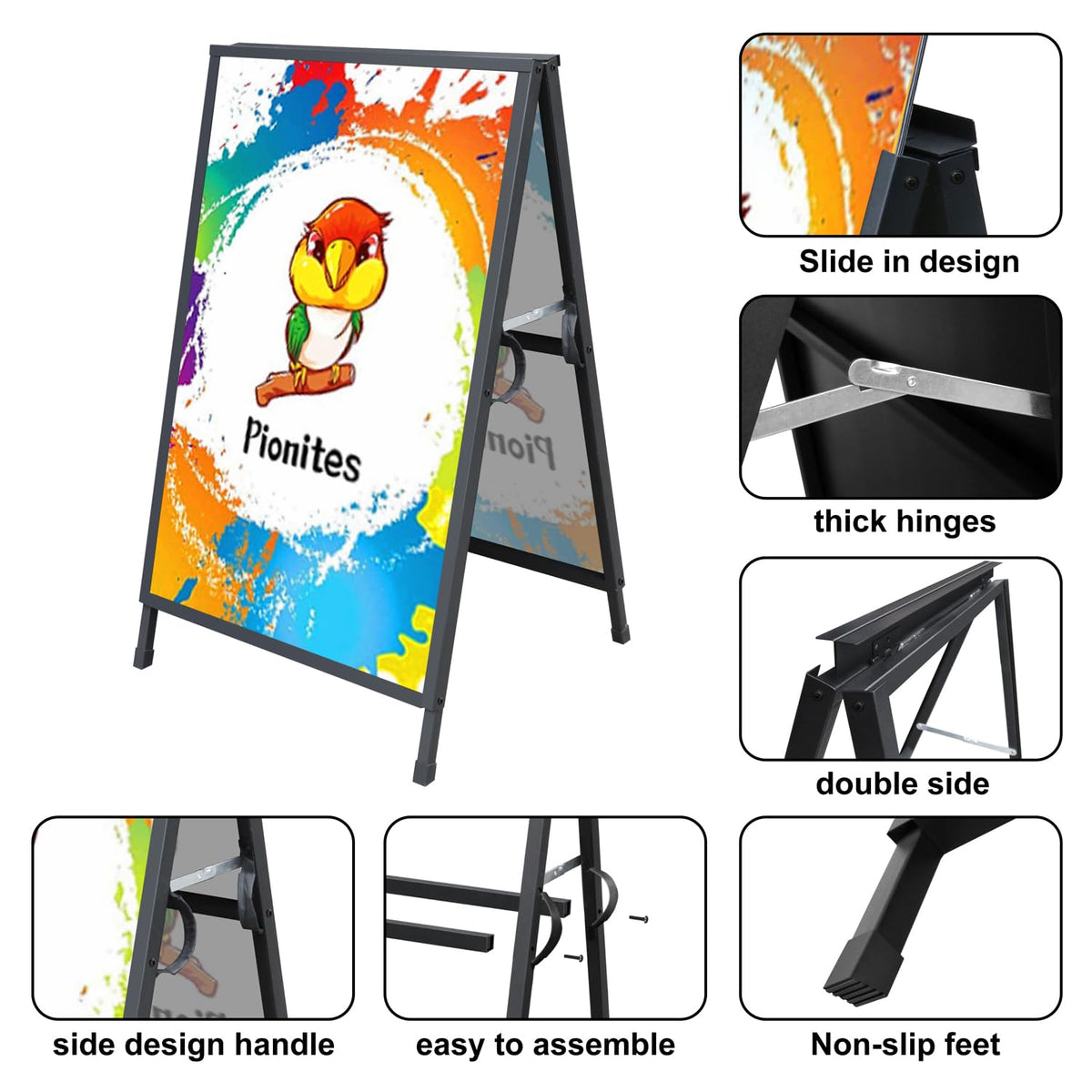 Pionites Heavy Duty Slide-in Folding A Frame Sign Sidewalk Sign 24x 36 Inch Steel Metal Double-Side Pavement sign Corrugated Plastic Poster (1, Black, 24''X36''(Frame Only))