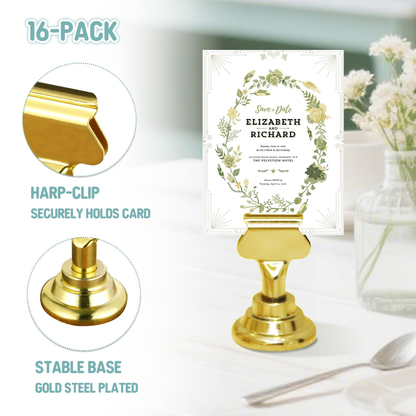 ERYTLLY 36 PK Place Card Holders 1.7 inches Table Card Holder Steel Card Holders for Weddings,Birthdays,Photos, Memo Notes, Restaurants (Gold 36PK)