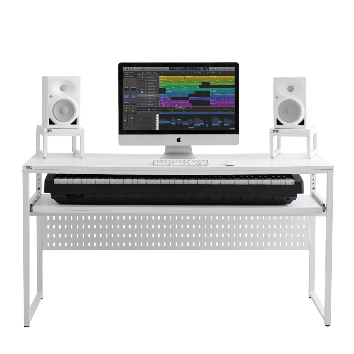 LYYL Music Studio Desk with Keyboard Tray, for Full 88 Keys and 61 Keys (Music Producer Desk) (White, 88 Keys (Without Height Adjustment Bracket)