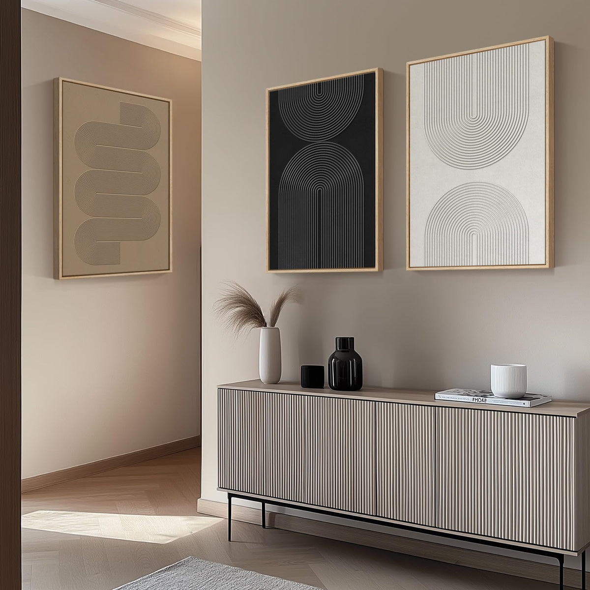 Large Framed Black and White Neutral Abstract Wall Art, 3 Piece Minimalist Canvas Prints Paintings Artwork for Walls, Boho Geometric Pictures for Living Room Hallway Office Wall Decor Total 30x60 In