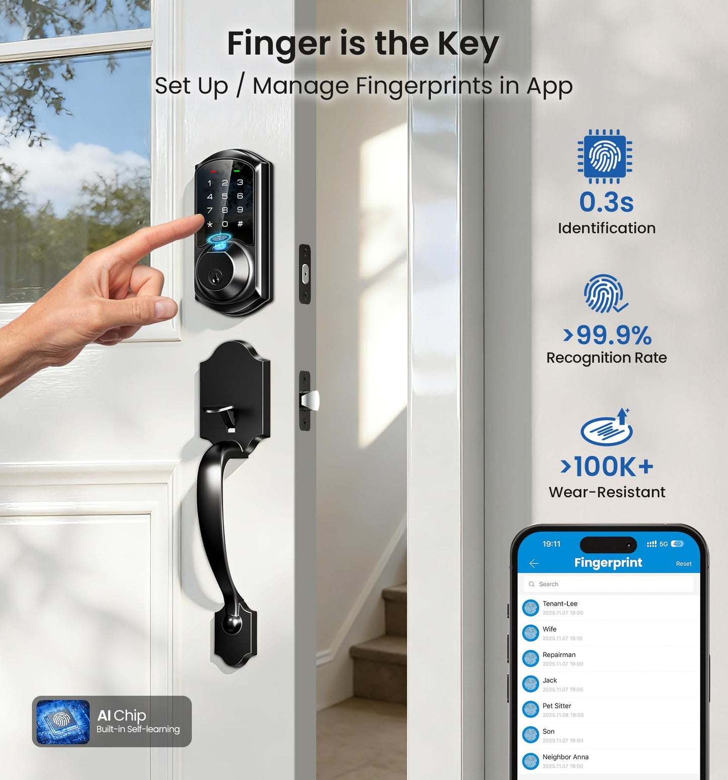 Veise VE07-H Fingerprint Smart Locks for Front Door with Handle Set, App Control, Keyless Entry Keypad Deadbolt, Digital Electronic Touchscreen, Easy Install, Auto Lock, Matte Black