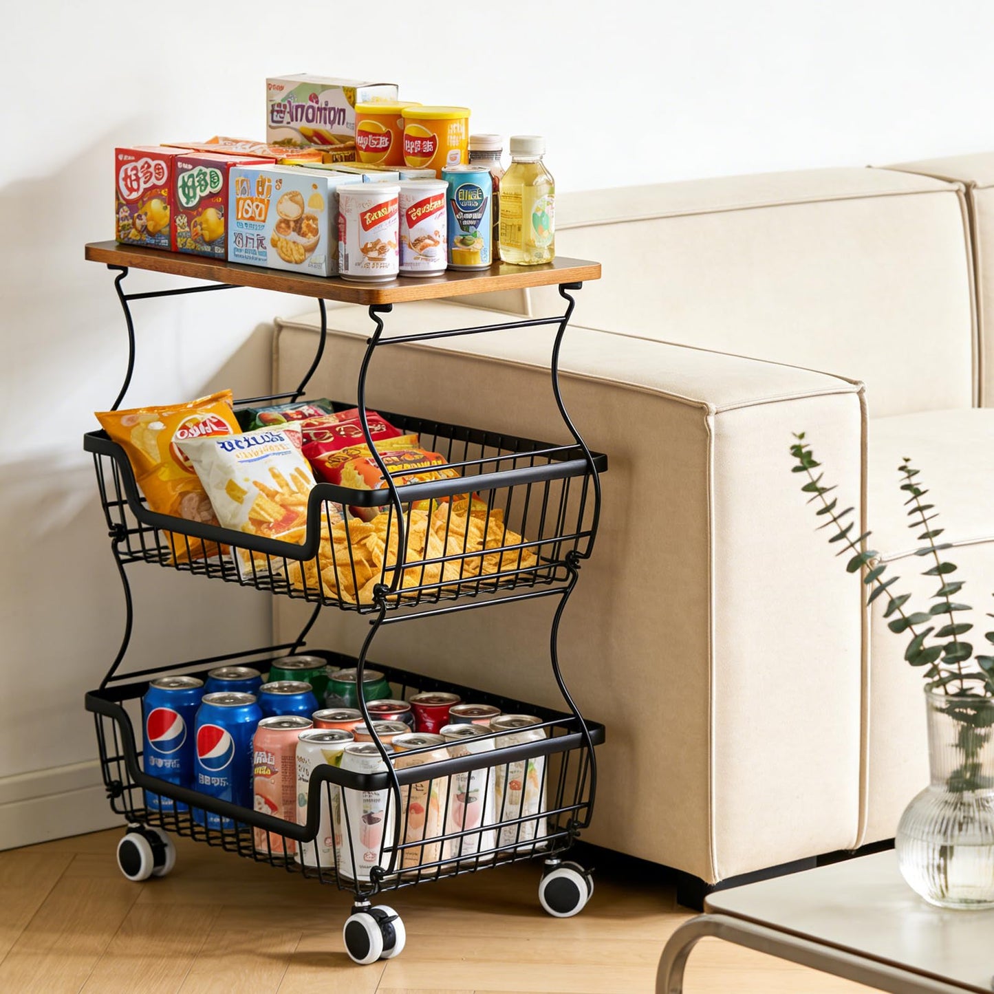 2 Pack Utility Rolling Cart 3-Tier Metal Storage Organizer Cart with Wooden Top Snack Rack Pantry Cart with Wheels for Kitchen, Bathroom, Office, Bedroom, Living Room, Black