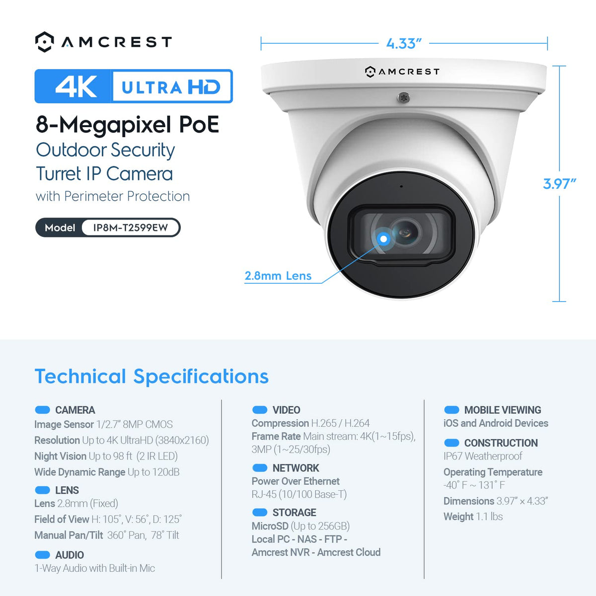 Amcrest 4K POE Security Camera System with 4K 8Ch PoE NVR (4) x 8 Megapixel Turret IP POE Cameras (3840x2160) Pre Installed 2TB Hard Drive NV4108E-IP8M-T2599EW4-2TB