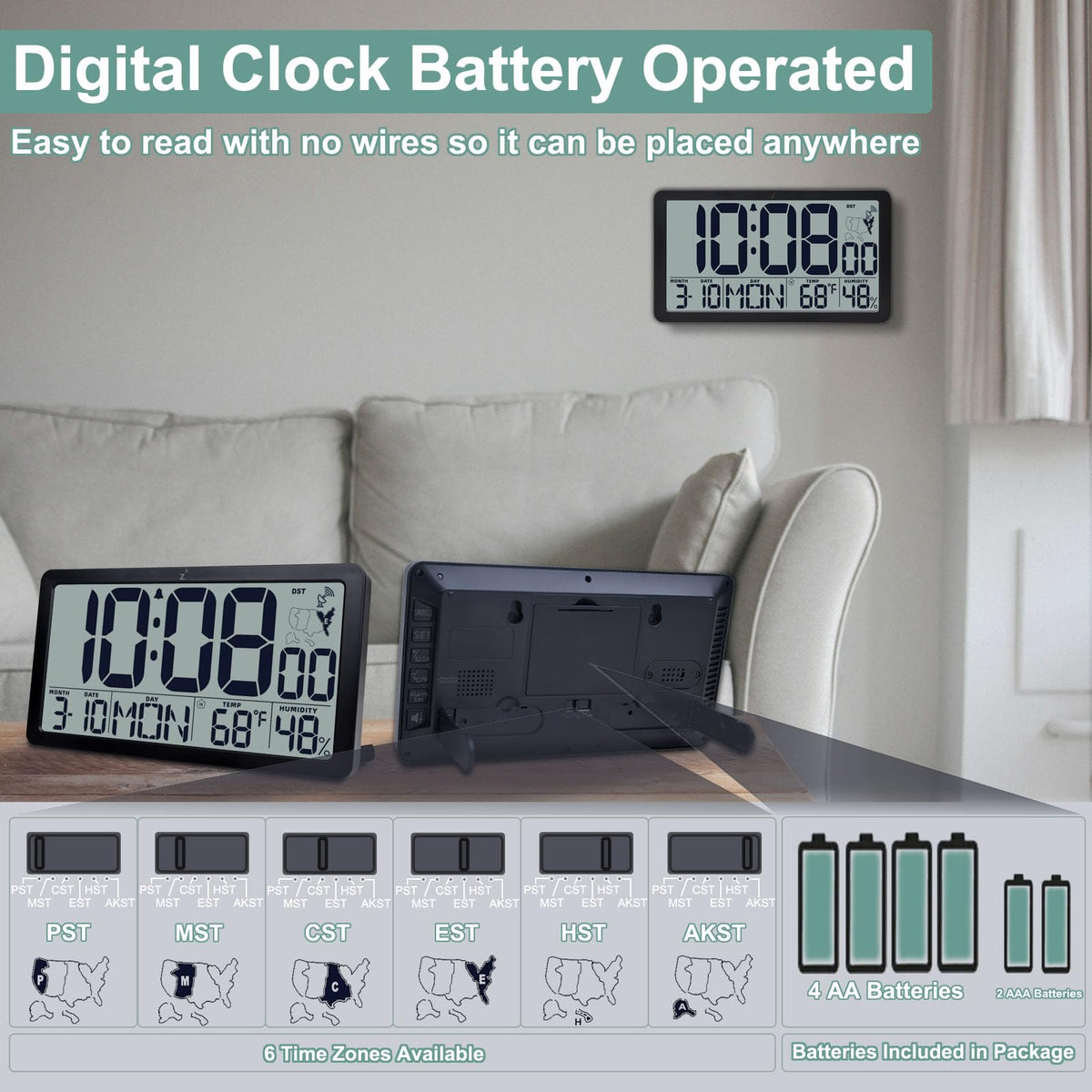Atomic Wall Clock Battery Operated,10.5 inch Digtial Desk Clock with Temperature and Humidity,Self-Setting Alarm Clocks with 57 Ringtones,Auto DST, Large LCD Display for Seniors Batteries Included