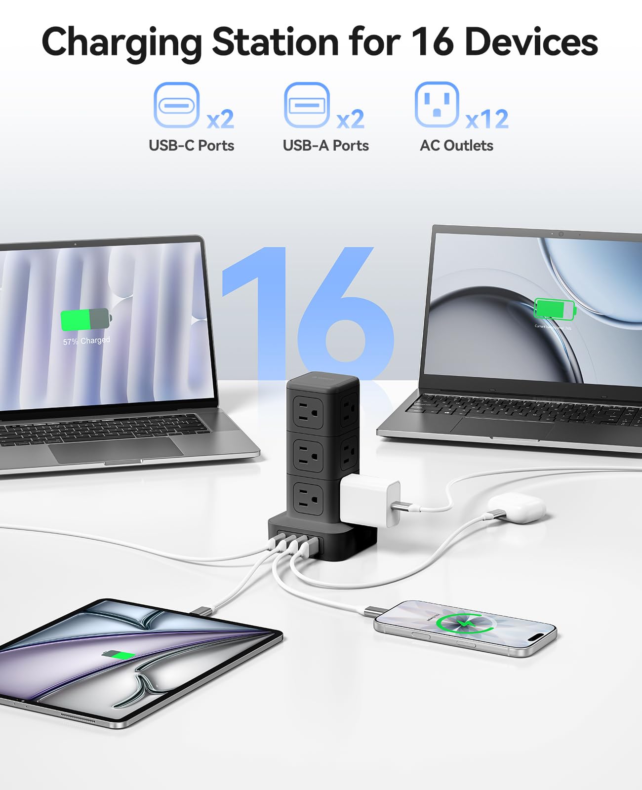 ORICO Tower Power Strip with Surge Protection, Charging Station Tower with 12 AC Outlets 4 USB Ports (2 USB C), Space Saving Design, 5FT Tower Extension Cord for Home, Office, Dorm - TPP20