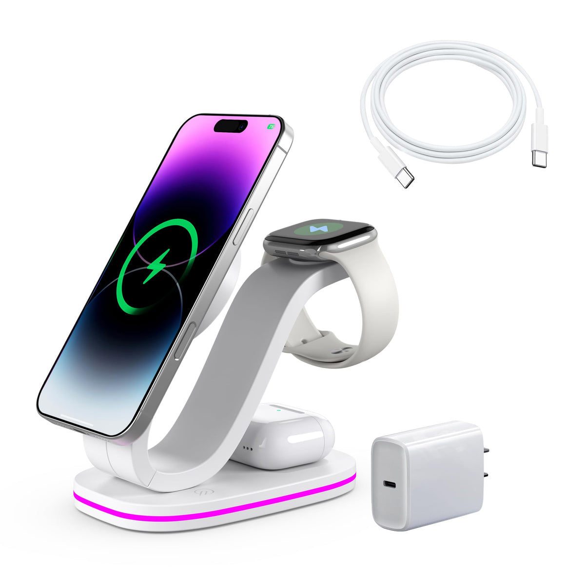 3 in 1 Charging Station for iPhone, Qi2 15W Wireless Charger Station Compatible with Mag-Safe for iPhone 17 16e 16 15 14 13 12 11 X Pro Max & Apple Watch, AirPods, 35W Charger Included (White)