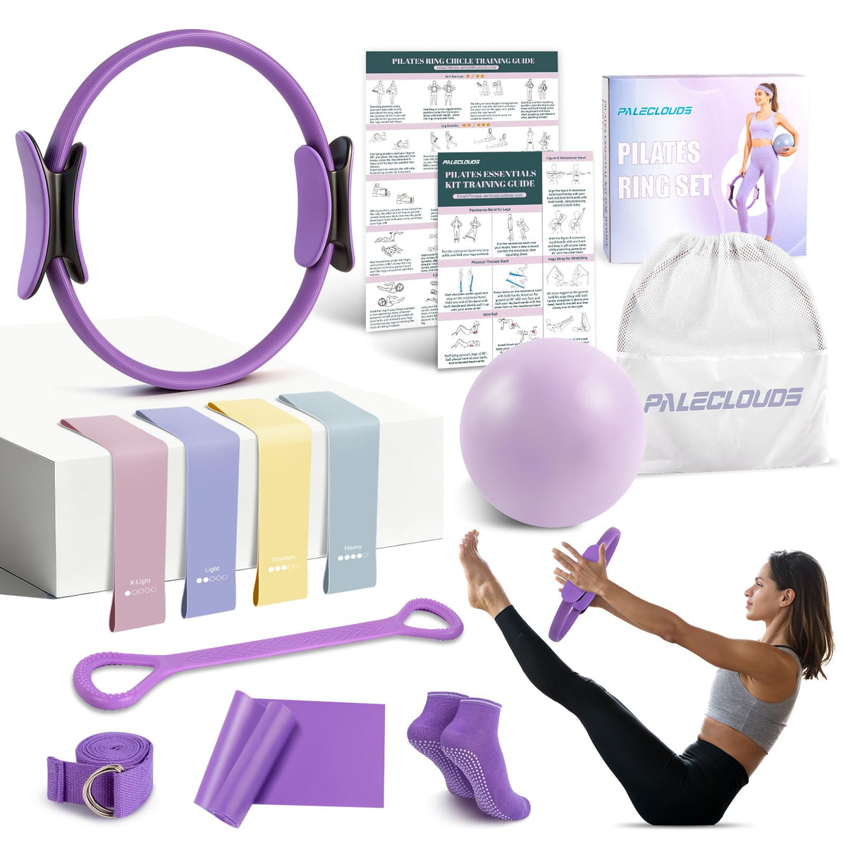 Paleclouds Pilates Ring Set for Women, 12" Pilates Ring and Ball Set with Resistance Bands for Home Workouts, Portable Pilates Kit with Bag & 2 Training Poster for Full Body Exercise(Purple)
