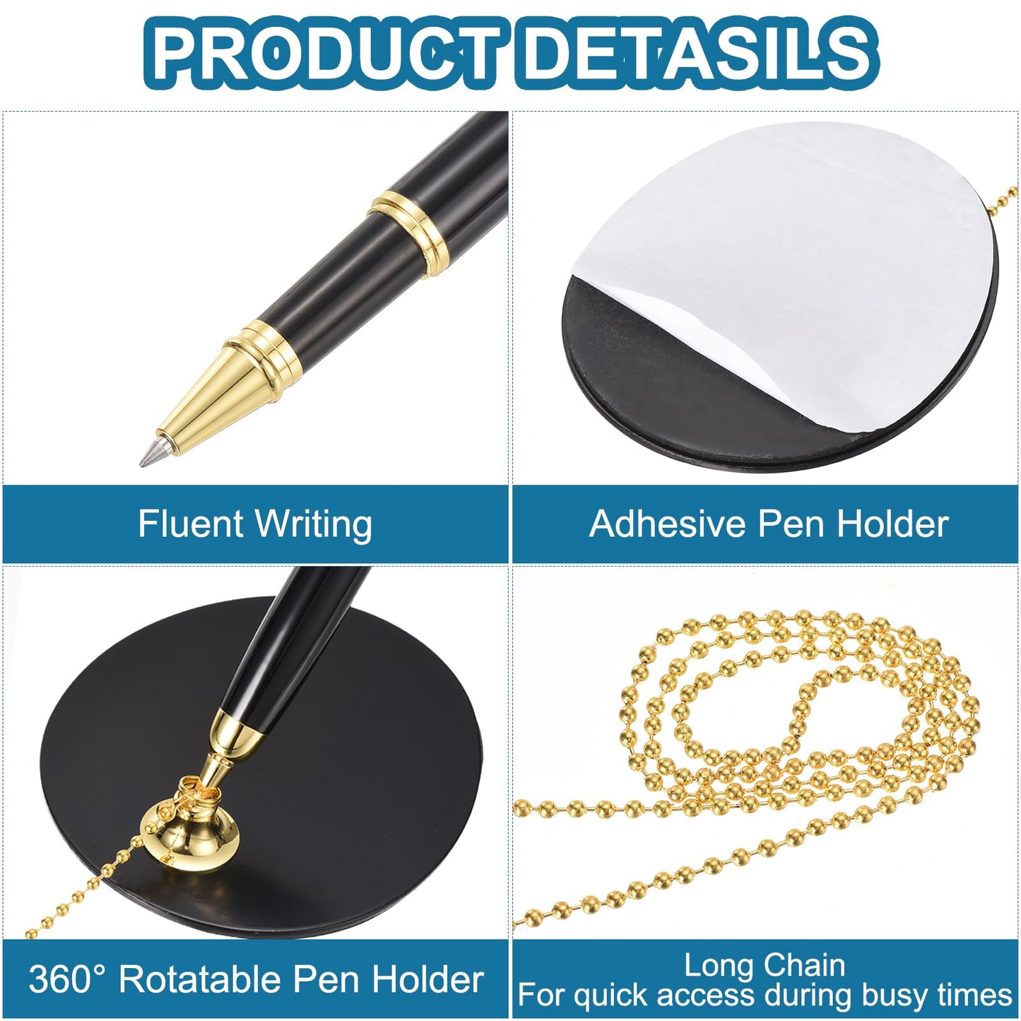 PATIKIL Secure Pen with Chain and Adhesive Pen Holder, 2Pcs Reception Counter Desk Pen with Security Pen Holder for Office Bank Hotel Lobby, Black Gold