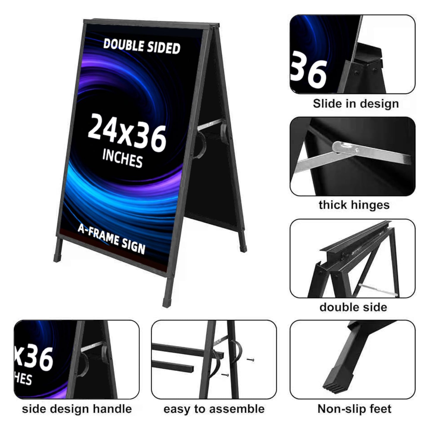 Yakpho Heavy Duty Slide-in Folding Sandwich Board A-Frame Sidewalk Sign 24x36 Inch Black Coated Steel Metal Double-Sided Pavement Sign (Frame only)