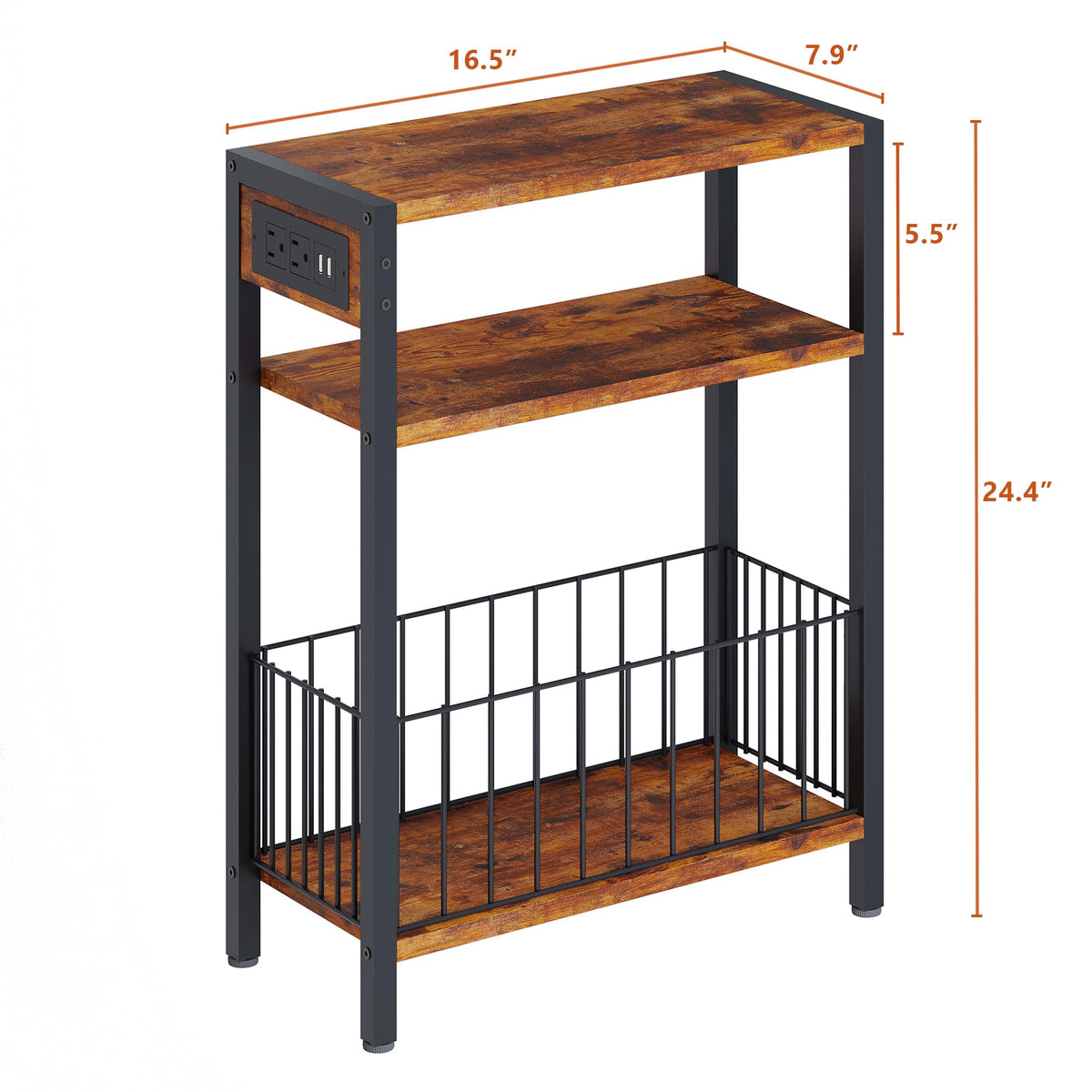 TRIFEBLE Narrow Side Table with Charging Station, Small End Table for Small Spaces, Slim Nightstand with Storage Basket, 3 Tier Skinny Bedside Table for Living Room, Bedroom, Rustic Brown