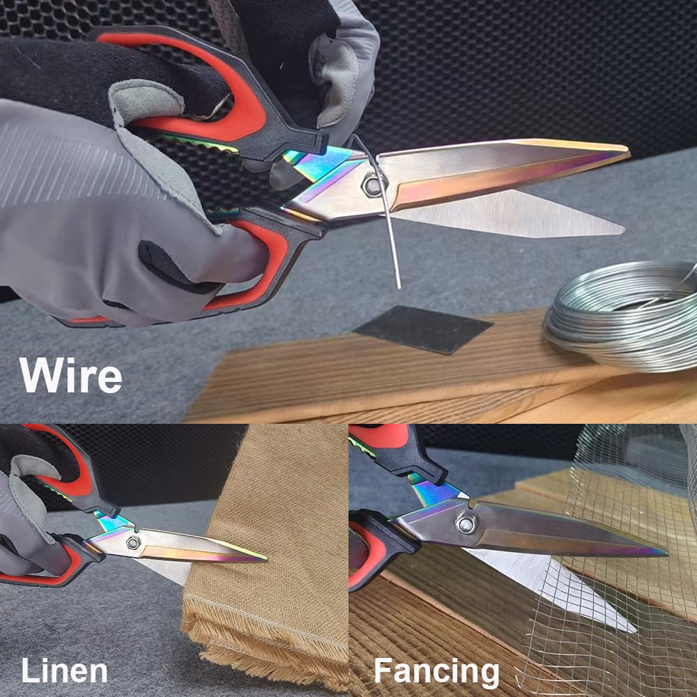 FTECYBO Heavy Duty Scissors 9.5'', Titanium Coating Forged Stainless Steel Blades, Industrial Utility Shears for Garage, Household, Construction, easy Cutting Cardboard, Wire, Leather, Carpet.