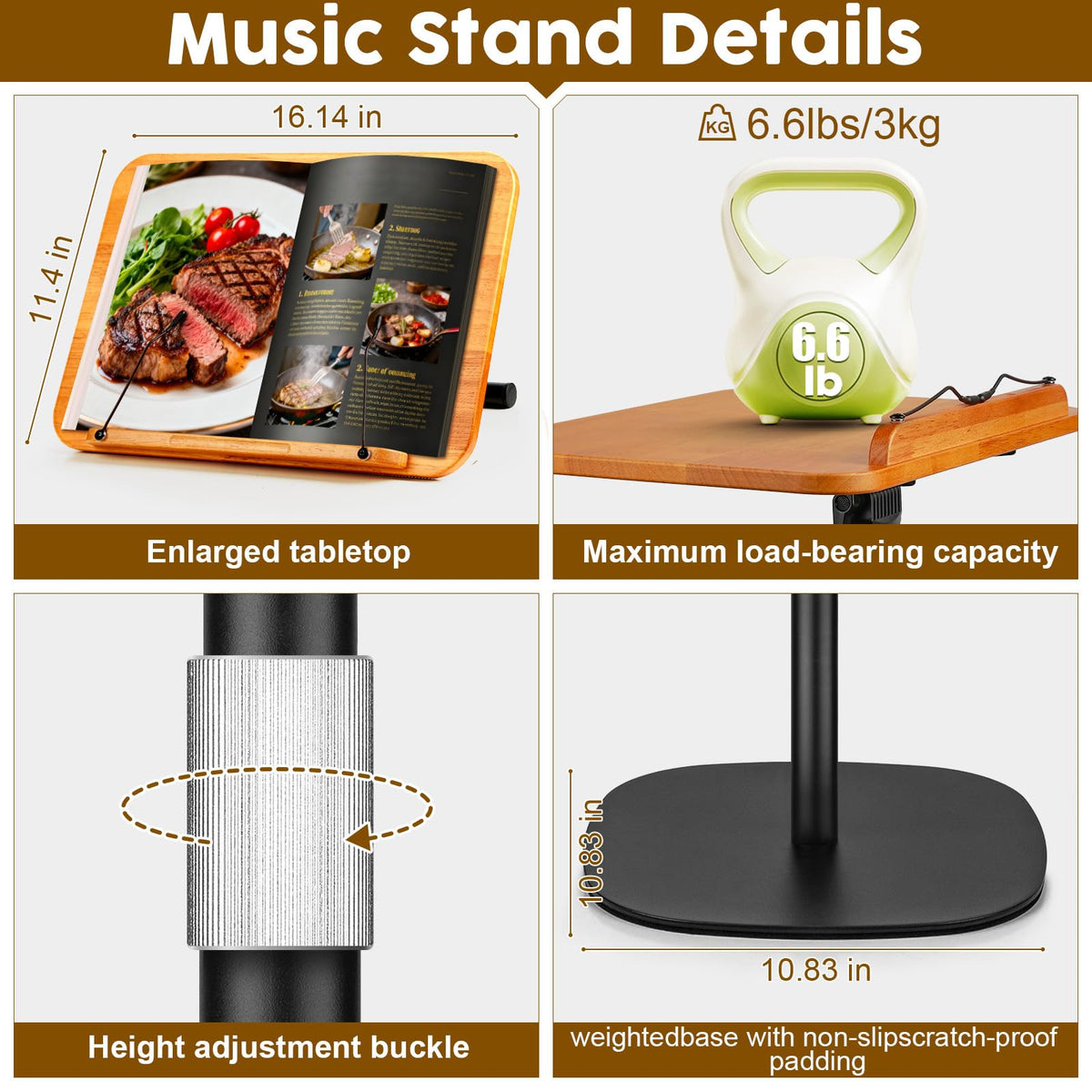 2 in 1 Dual-use Music Stand & Desktop Book Stand, Adjustable Height 16.5"-51", 100% Solid Wood Laptop Floor Stand Book Holder with Page Clips for Cookbooks, Sheet Music (Brown)