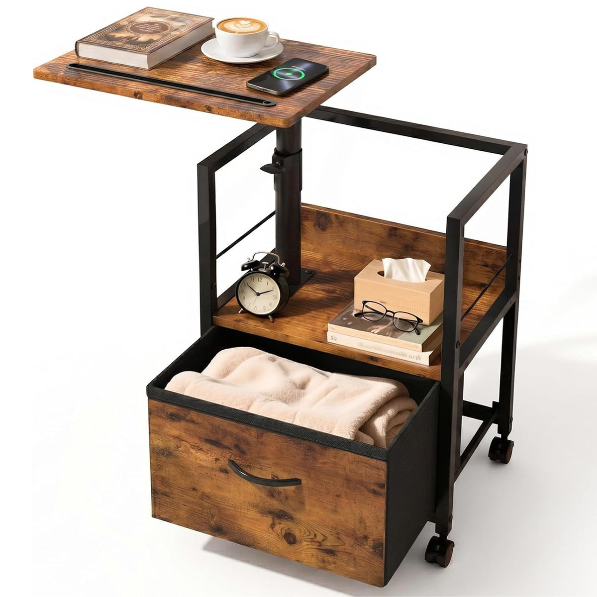 Faesun Swivel Lift Top Nightstand, Rolling Side Table for Recliner, Bedside Table with Wheels & a Fabric Drawer, for Small Spaces, for Bedroom, Living Room, Brown