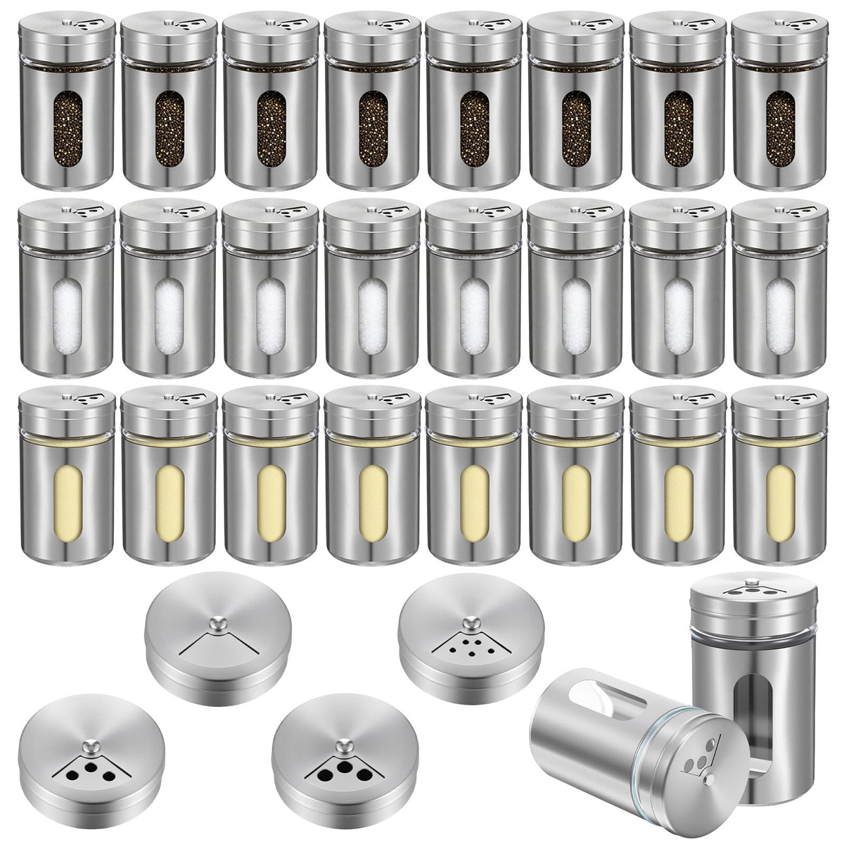 24 Pcs Stainless Steel Spice Jars with Shaker Lids, Seasoning Jars with Adjustable Pour Holes and Glass Window, Empty Spice Bottles for Kitchen Salt Pepper Sugar Seasonings (3.4oz)