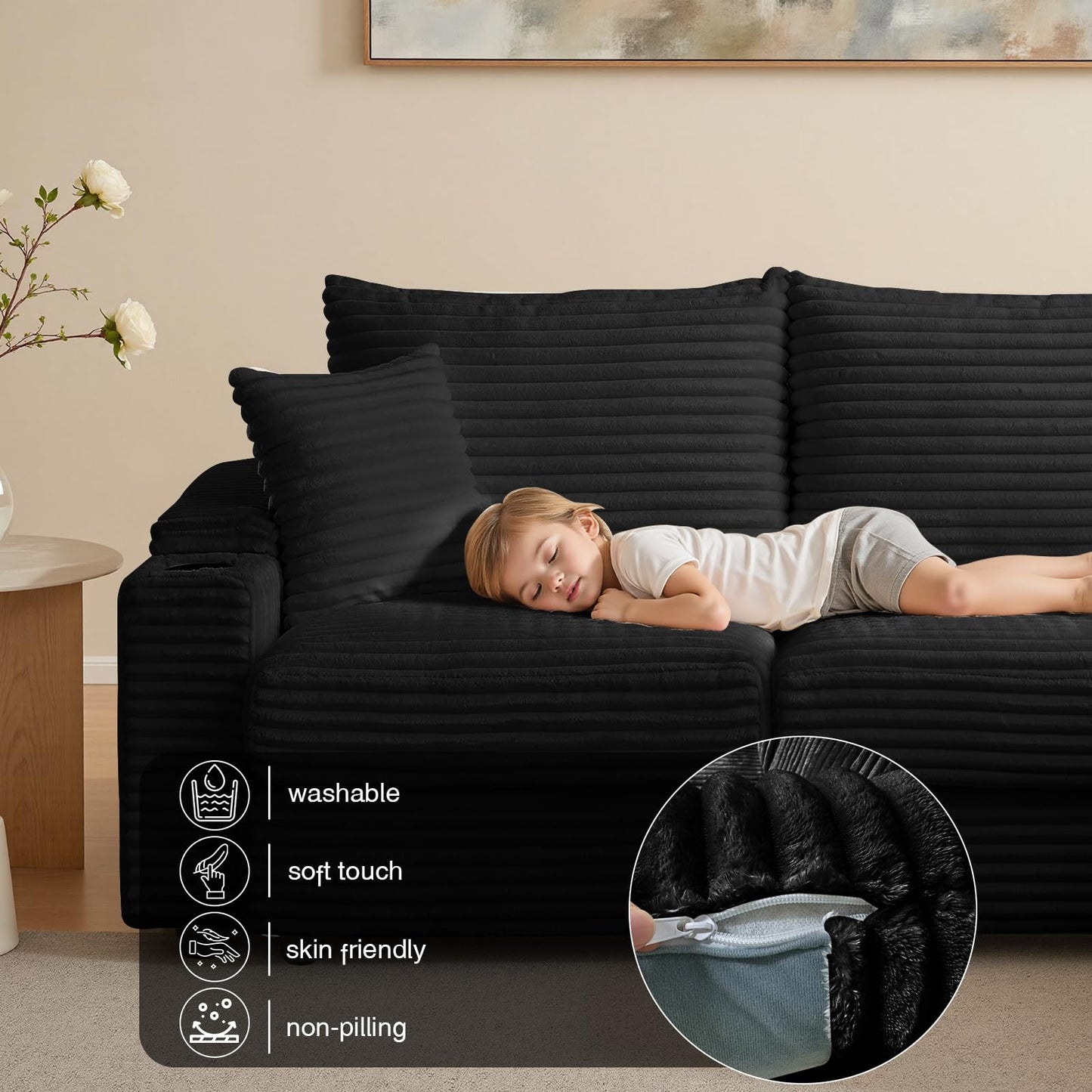 104.3" Modular Sectional Sofa, L-Shaped Couches for Living Room, Comfy Cloud Couch with Ottoman, Convertible 4 Seats Deep Seat Sofas, Black Corduroy Couch with Charger, Cup Holders & Armrest Storage