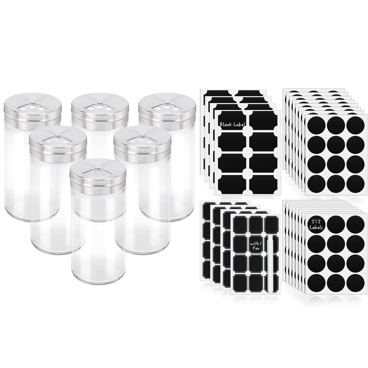 Segarty Spice Jars with Label Set - 6 Pack 4oz Glass Spice Jars with Shaker Lids, 272 Pcs Blank Chalkboard Label Stickers with 1 Marker, Seasoning Organizor Kit