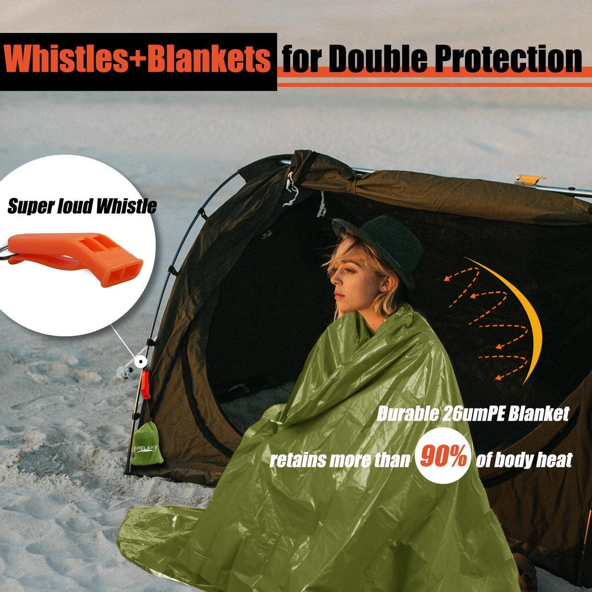 Frelaxy Emergency Blanket 2-Pack/4-Pack, Extra-Thick Extra-Large Space Blankets with Whistles, Storage Pouchs, and EVA case