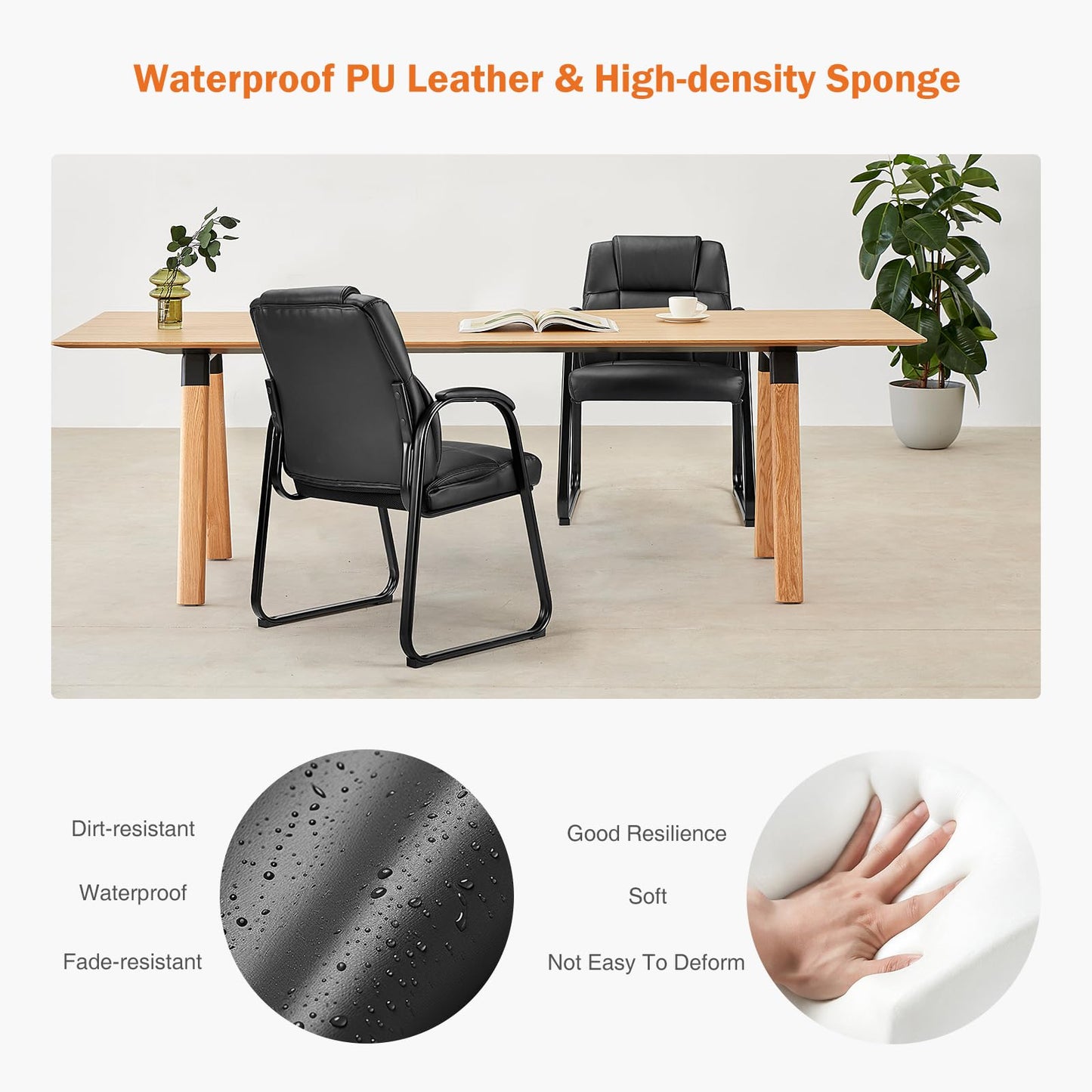 Sweetcrispy Waiting Room Guest Chair Set of 2, Stationary Office Reception Chairs No Wheel, Comfy Padded Arms and Seld Base, for Conference Room Lobby Home Computer Desk Bedroom Elderly, Deep Black