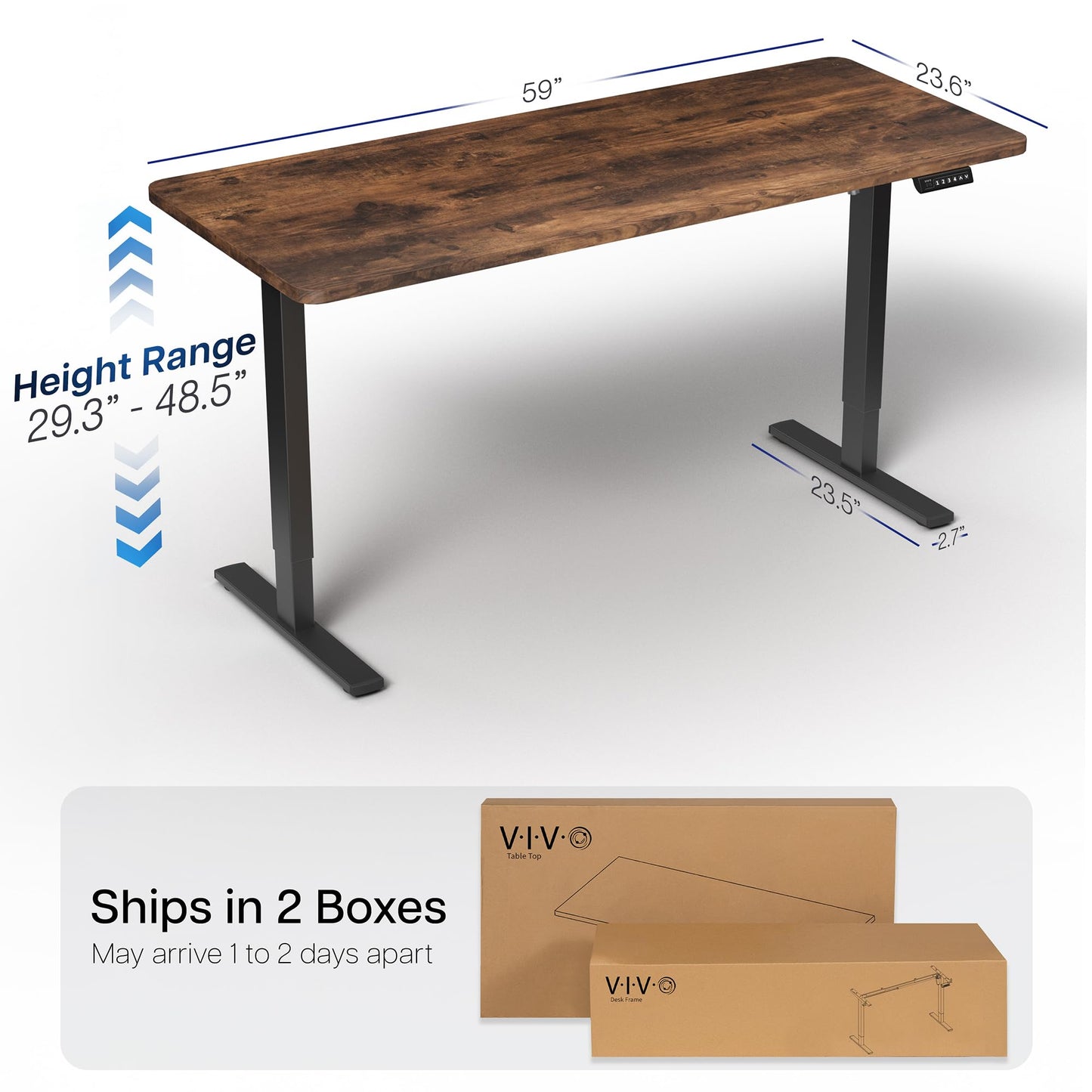 VIVO Electric 60 x 24 in Rustic Standing Desk, Memory Height Adjustment, 1B Series, Holds 220 lbs, One-Piece Vintage Brown Top, Black Frame, DESK-KIT-1B6N
