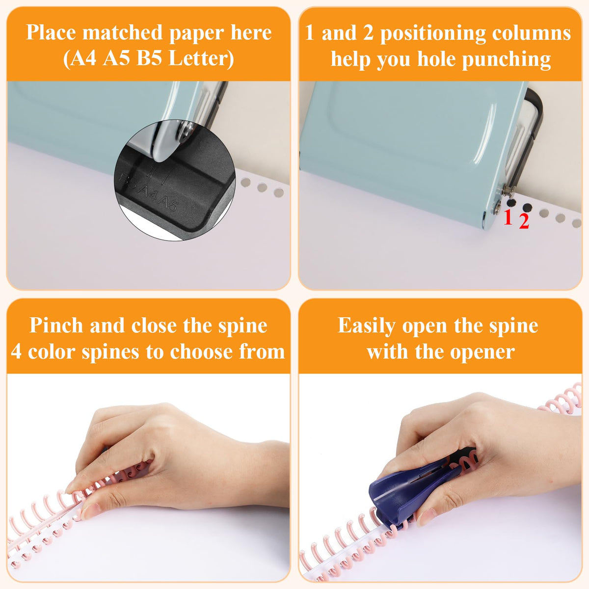 Hoqqf 10 Hole Punch Binding Machine for Planners with 10 Multi-Color Binder Rings, 30 Holes on A4, 20 Holes on A5, 26 Holes on B5, 10 Sheet Capacity (Pale Blue)
