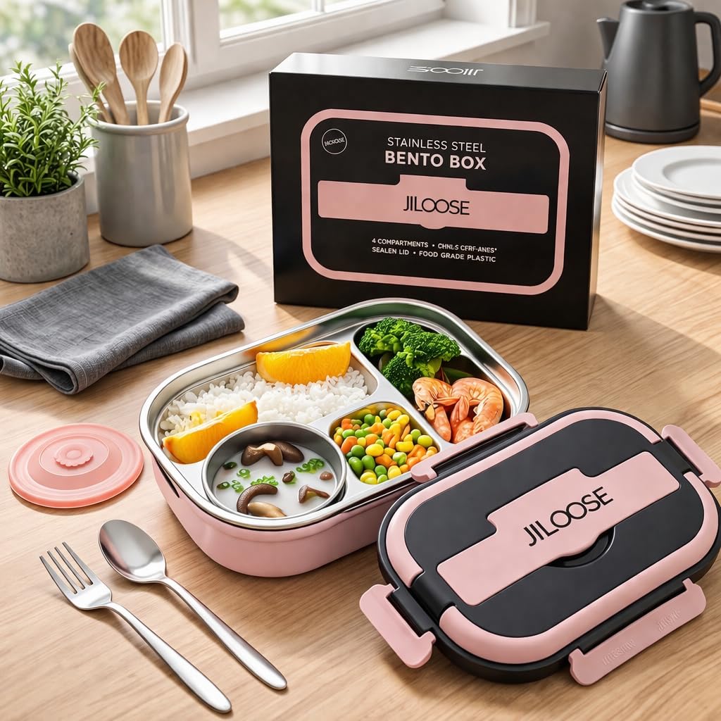 JILOOSE Stainless Steel Bento Box, Leak-Proof, BPA-Free, Dishwasher Safe, 4 Compartments Container School & Travel, Bento Lunch Box for Kids and Adults