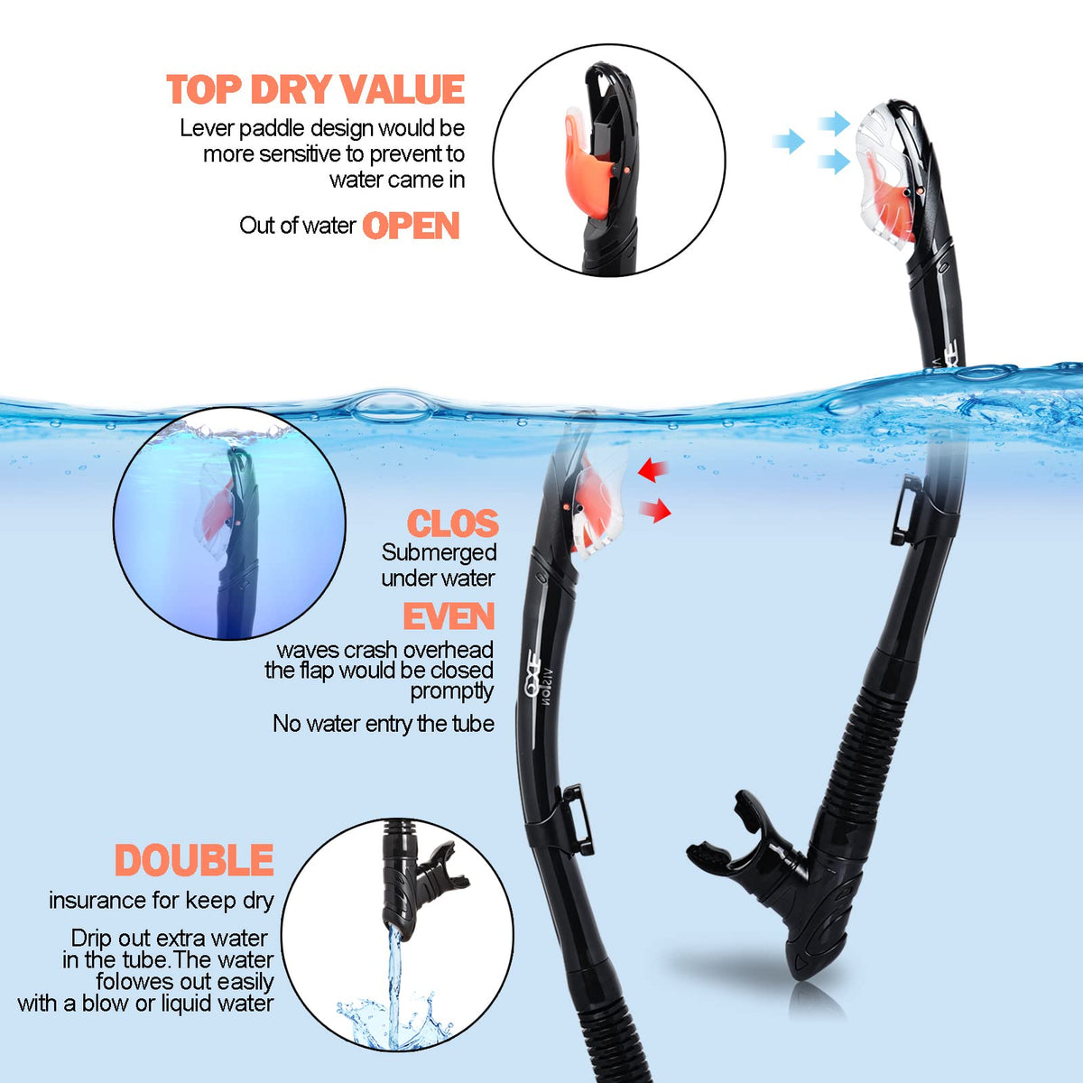 Snorkel Set Pano 3 Window Adult Snorkeling Gear, Professional Snorkel Goggles Anti-Fog Diving Mask, Anti-Leak Swim Goggles and Dry Top Snorkel for Diving, Snorkeling, Swimming (Black)