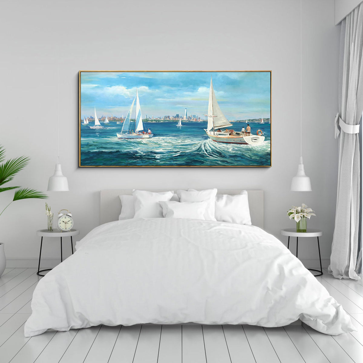 XLSJERST Large Blue Canvas Wall Art Seascape Painting - Landscape Picture Textured Navy Modern Sailboat Ocean Artwork Framed for Living Room Bedroom Bathroom Home Office Wall Decor Large Size 29"x58"